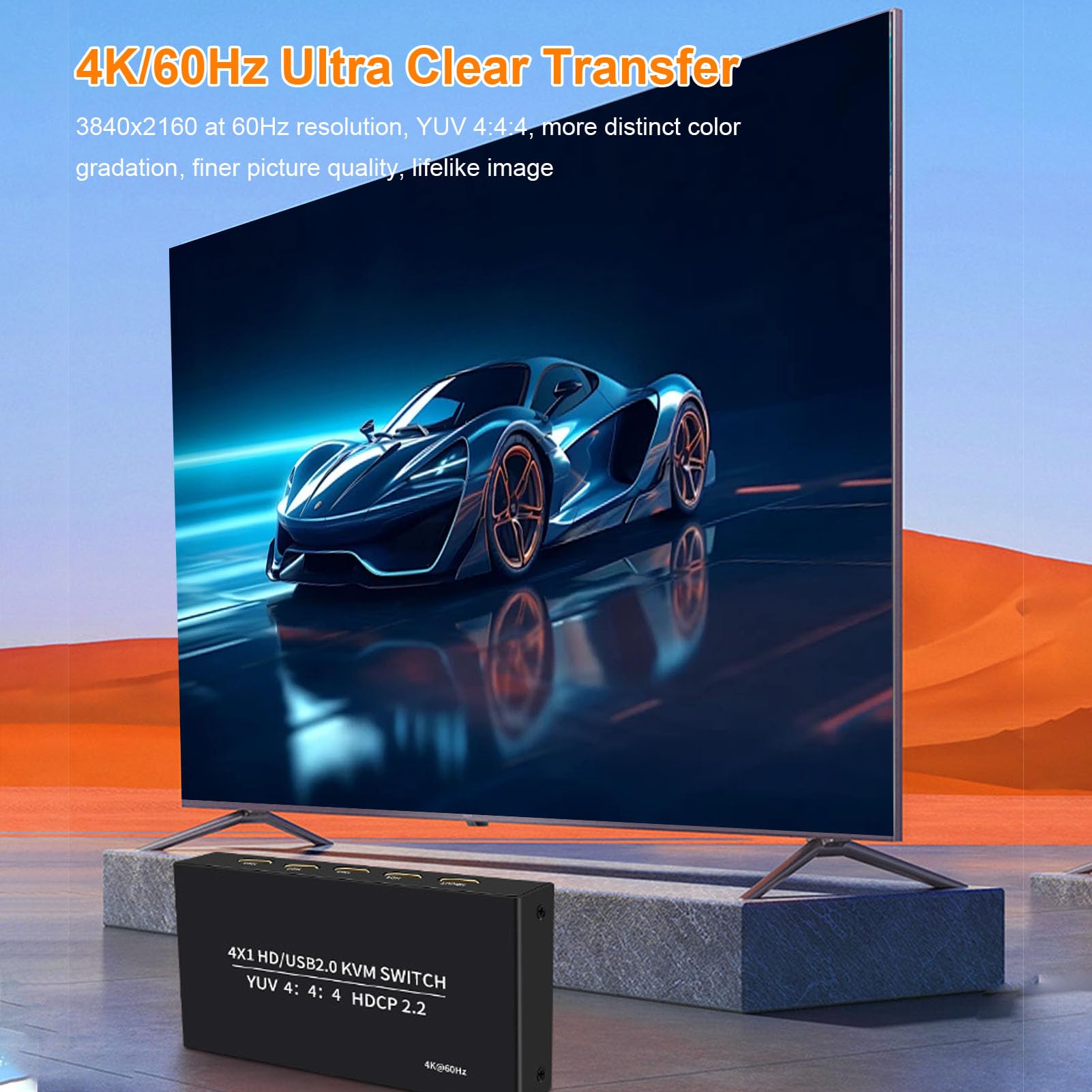 Sxhlseller Przełącznik KVM 4K 60 Hz HDMI do 4 Komputerów, 2 Tryby Przełączania, Adaptacyjny EDID, 4 Porty i Kable USB Typu C, Udostępnianie Jednego Monitora, Klawiatury i Myszy, Drukarki