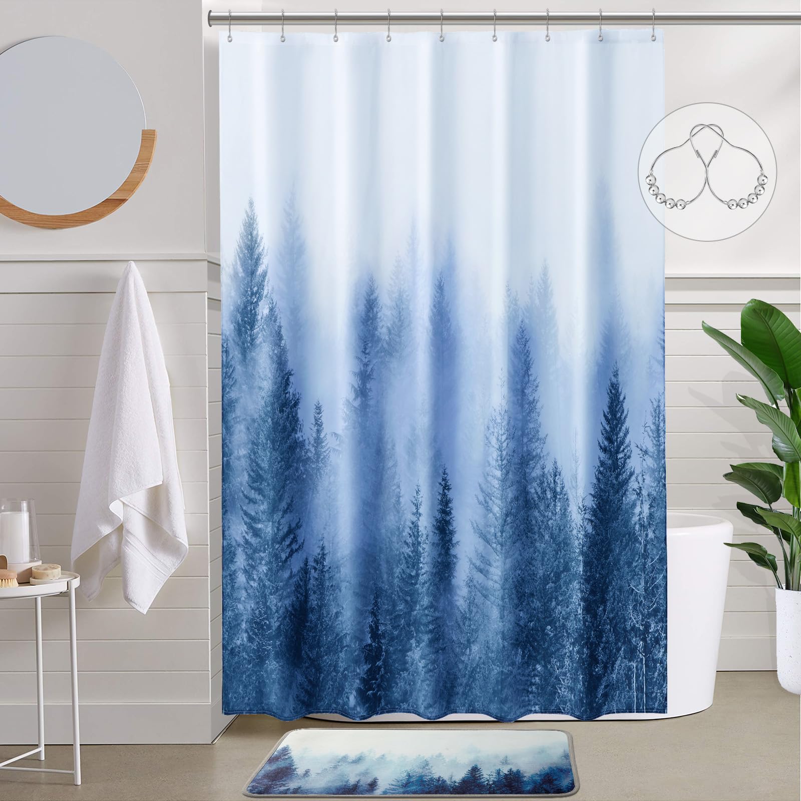 ORTIGIA 54x78 Misty Forest Stall Shower Curtain for Small Bathroom, Blue Narrow Nature Woodland Shower Curtain Set with Hooks, Waterproof Fabric Pine