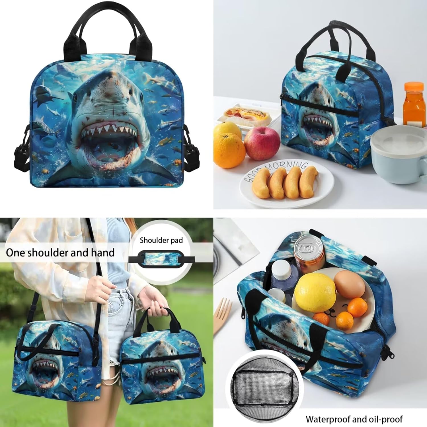 Ocean Shark School Bag Backpack for Elementary Boys with Lunch Box Pencil Case Middle High School Bookbag Set 3 PCS Primary Kindergartner School Daycare Bag Back Packs for Teens