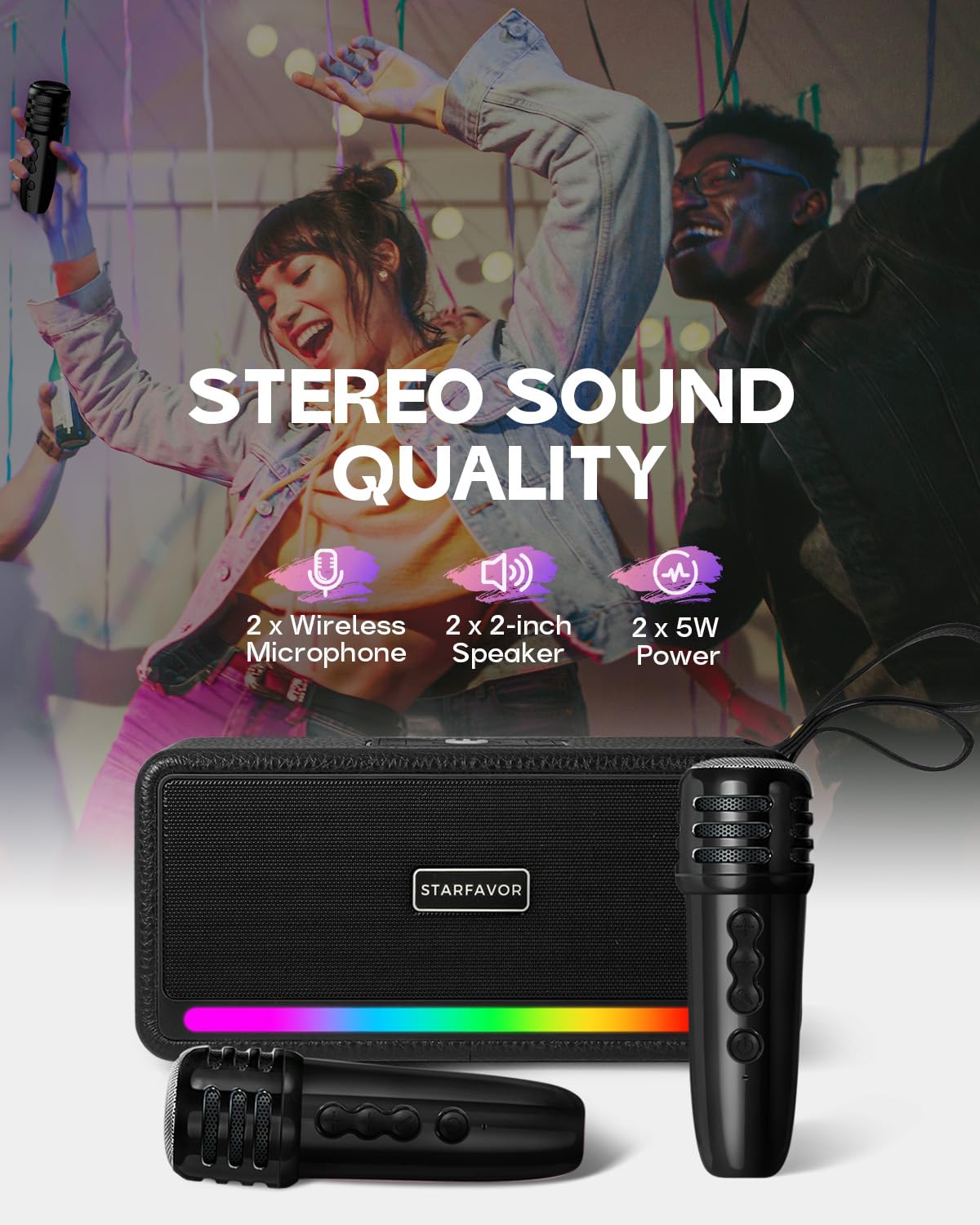 Starfavor KM-10 Karaoke Machine,Bluetooth Karaoke Speaker with 2 Wireless Microphones,5 LED Light,Portable Karaoke Set for Adults Support TF Card/USB,AUX,Gift for Home Party Birthday Christmas(Black)