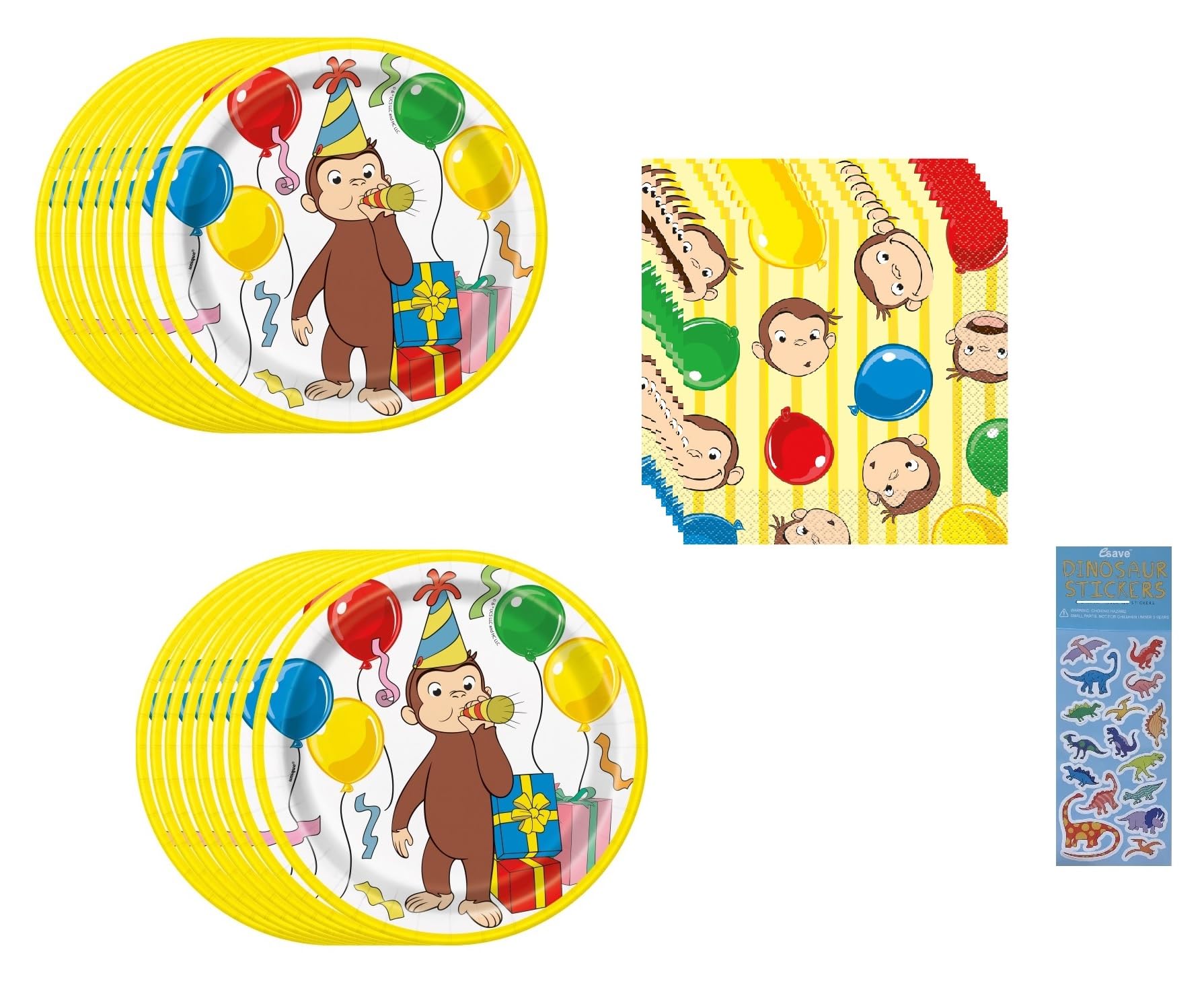Unique Curious George Party Supplies Bundle Pack for 16 includes 16 Dessert Plates, 16 Napkins, 8 Dinosaur Sticker Sheets