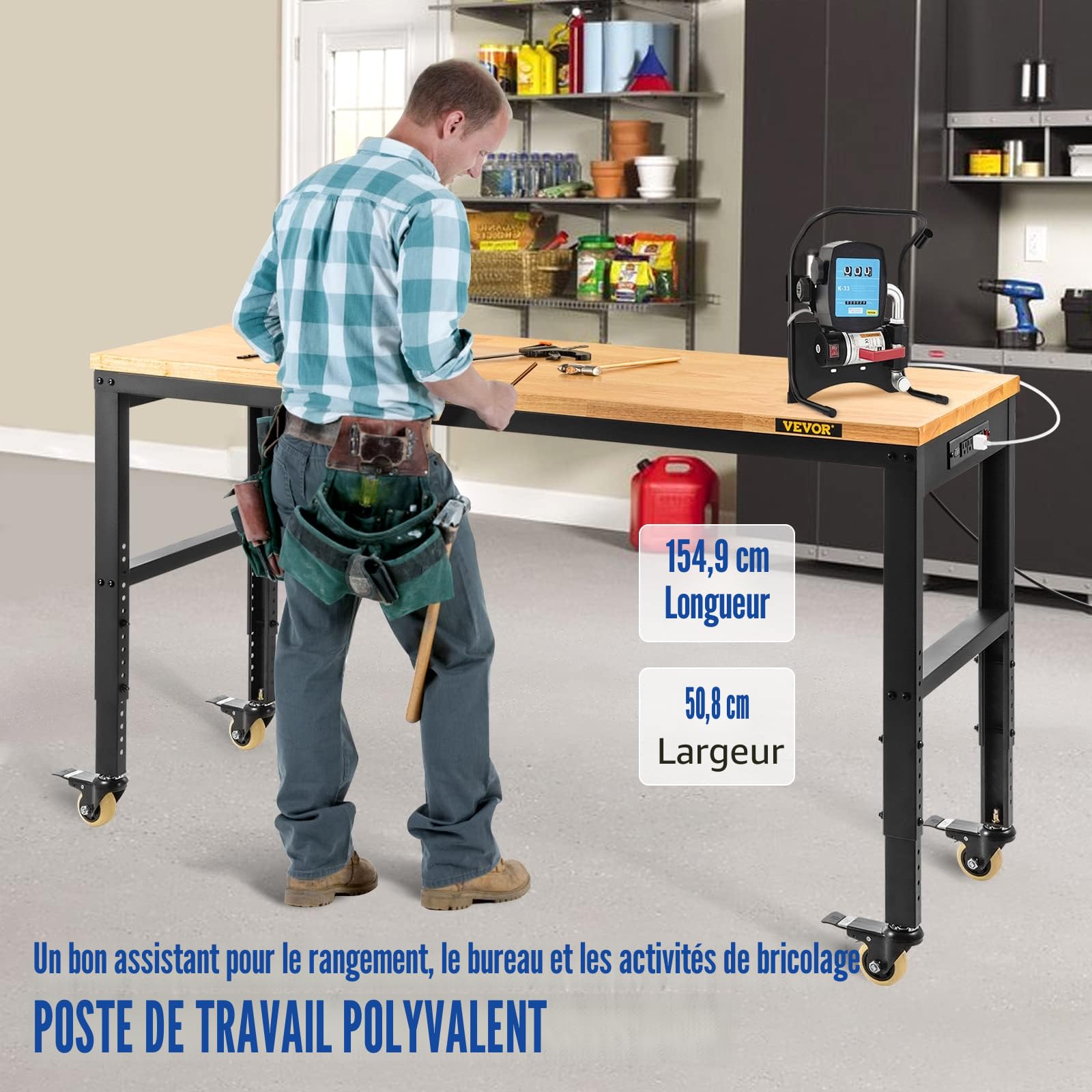 VEVOR Établi Garage Atelier Table de Travail 155x51x105 cm Hauteur Réglable 80-105 cm, Plateau en Bois Chêne Cadre en Acier, Multifonctionnel avec 4 roulettes pour Réparation Bricolage