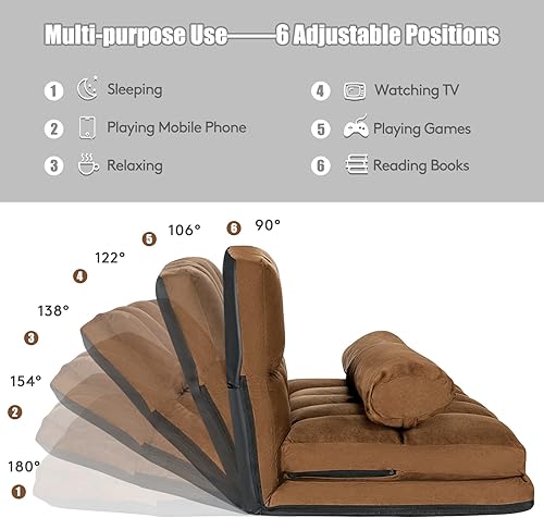 Miniatura 4 de Giantex Sofá de suelo ajustable, sofá cama plegable de 6 posiciones, duradero y estable de gamuza con 2 almohadas (marrón) Marrón,Beige,Negro