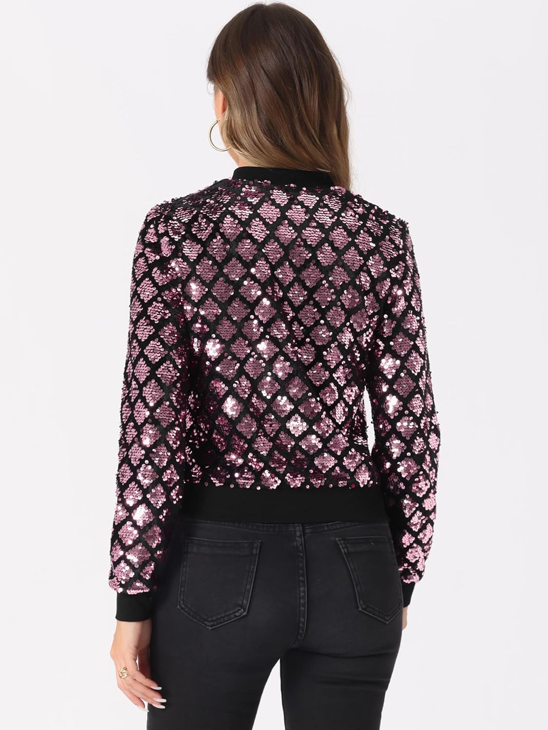 Allegra K Womens Sequin Bomber Jacket Christmas Long Sleeve Zip Up Cropped Shiny Party Sparkly Coat Medium Pink - Image 4
