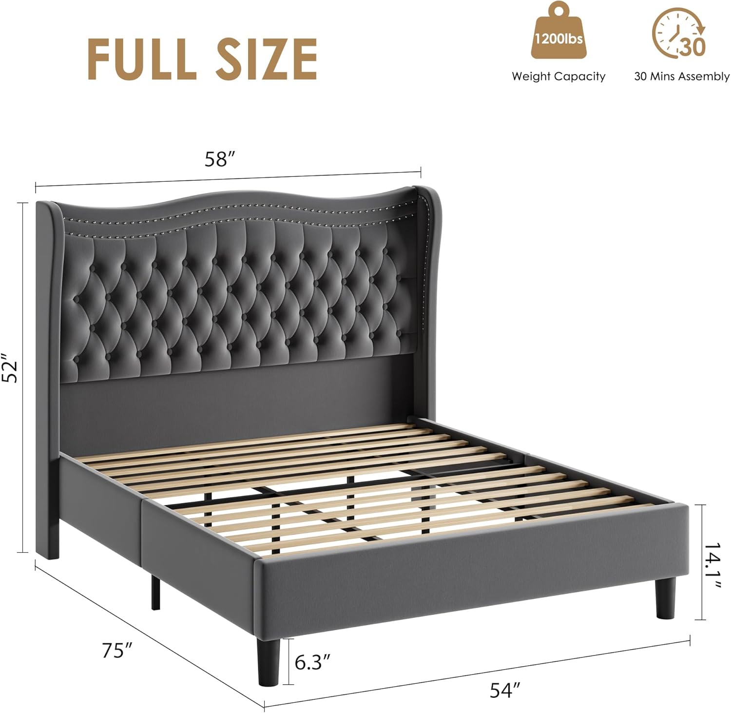Upholstered Full Size Bed Frame with Tall Headboard, Velvet Wingback Platform Bed Frame with Deep Button Tufted, No Box Spring Needed, Noise Free, Grey
