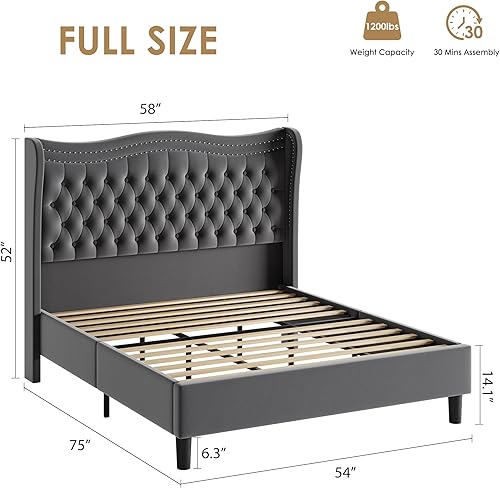 Miniatura 2 de Marco de cama tapizado tamaño completo con cabecera alta, marco de cama plataforma de terciopelo con respaldo alado con botones profundos Gris