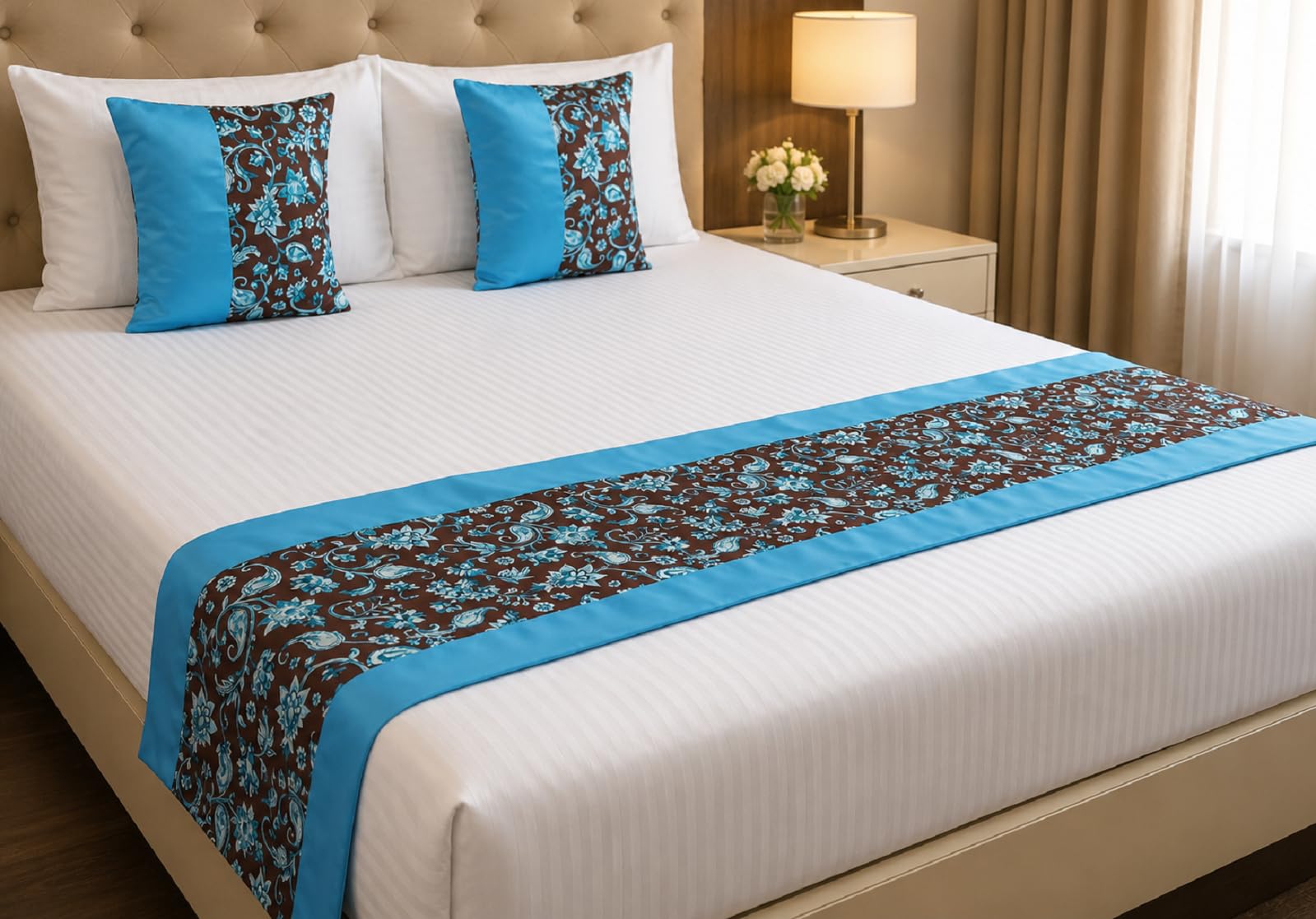 Vissage Elegant Paisley Double Bed Runner with 2 Cushion Covers, Blue & Brown, 18IN * 96IN-image-40