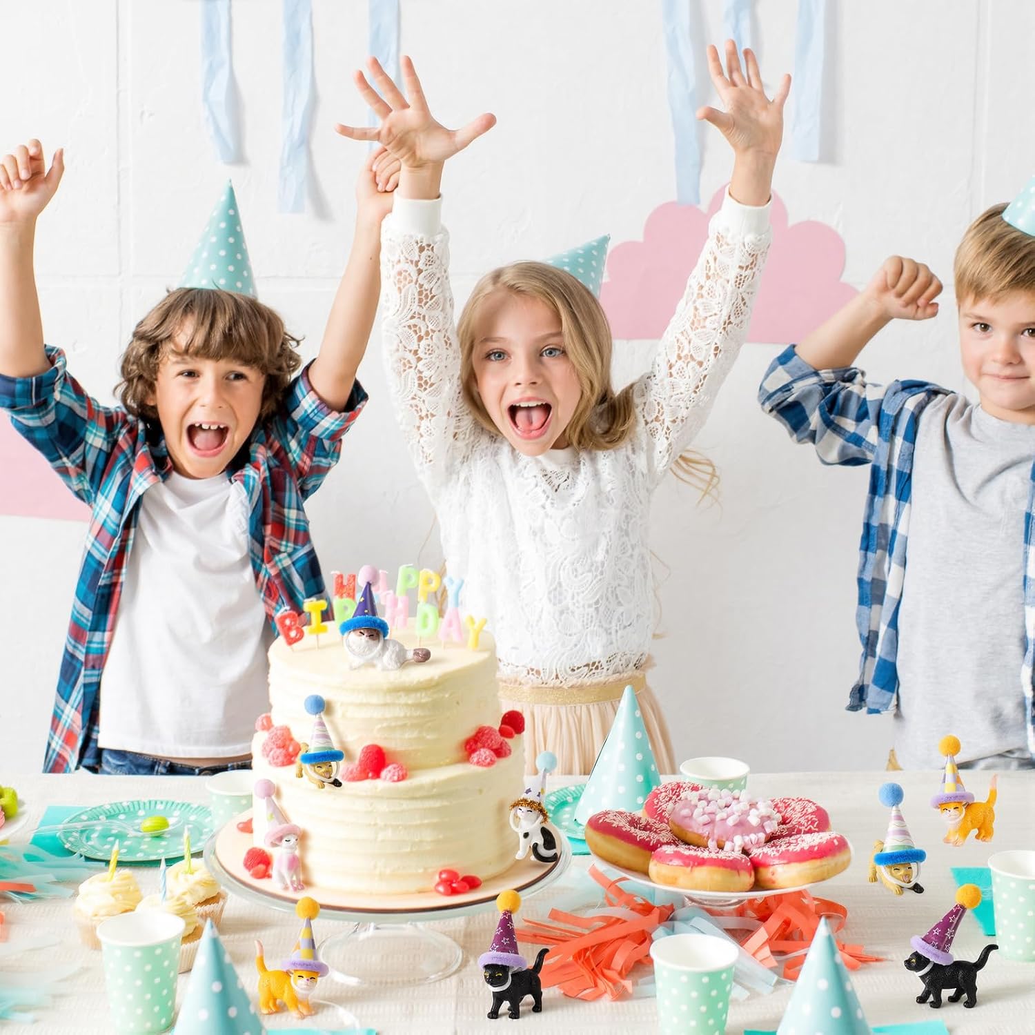 48 Pcs Resin Tiny Cat Figurines Cake Toppers with Birthday Hats Kit, Miniature Cat Figurines for Birthday Cat Cake Party Decorations