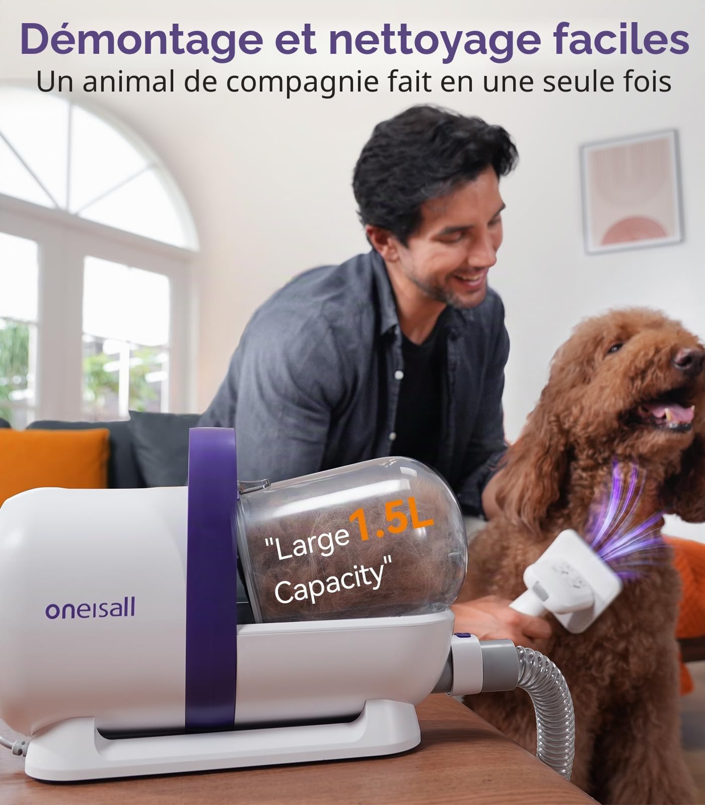 oneisall Aspirateur pour chiens avec brosse,Puissance d'aspiration élevée Brosse pour chiens aspirateur avec 12000 Pa,Aspire 99.99% des poils d'animaux (1,5L) avec 4 accessoires d'entretien(Pourpre)