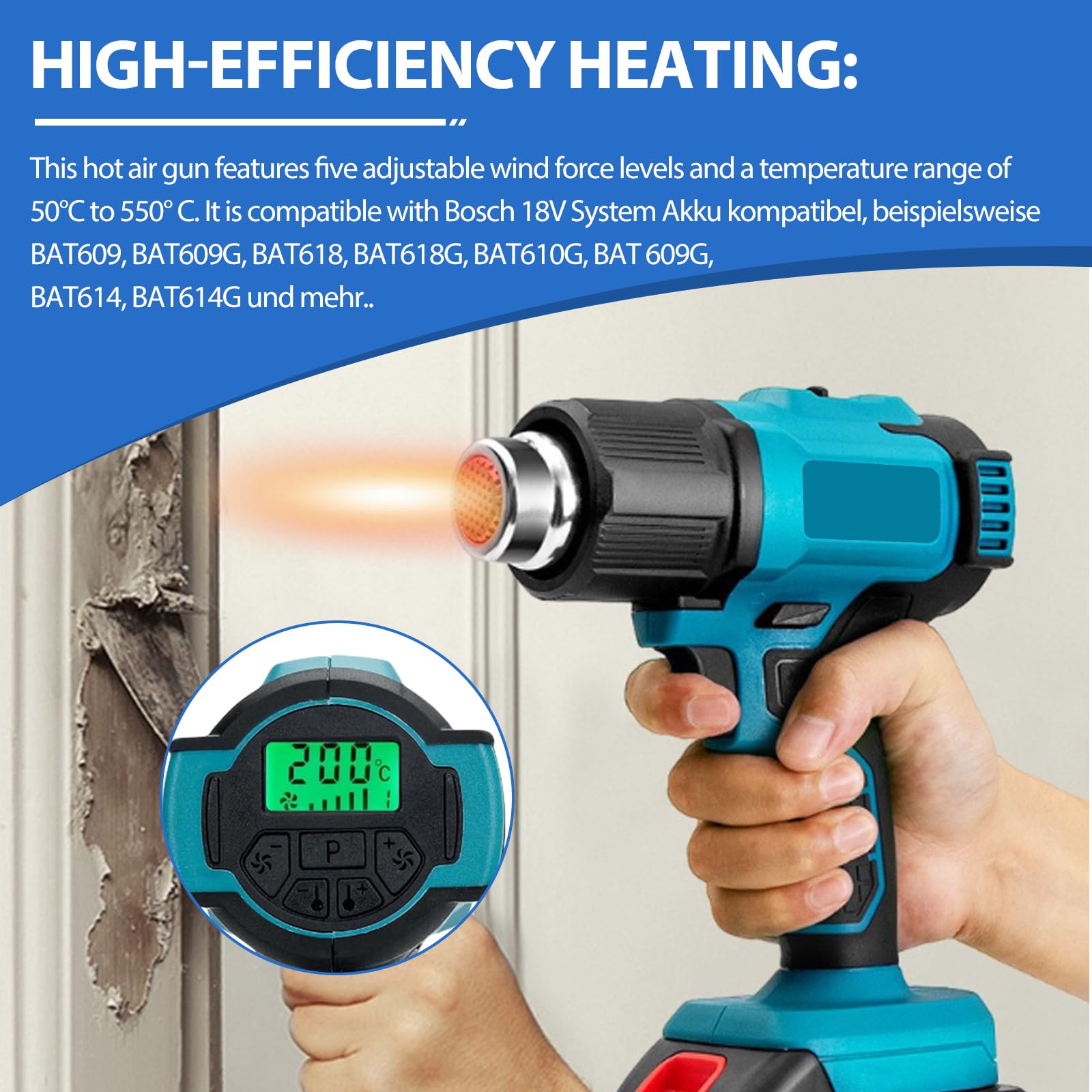 Pistolet à air chaud sans fil Bosch 18 V 50-550 °C écran LCD 4 buses acier inoxydable température réglable contrôle air