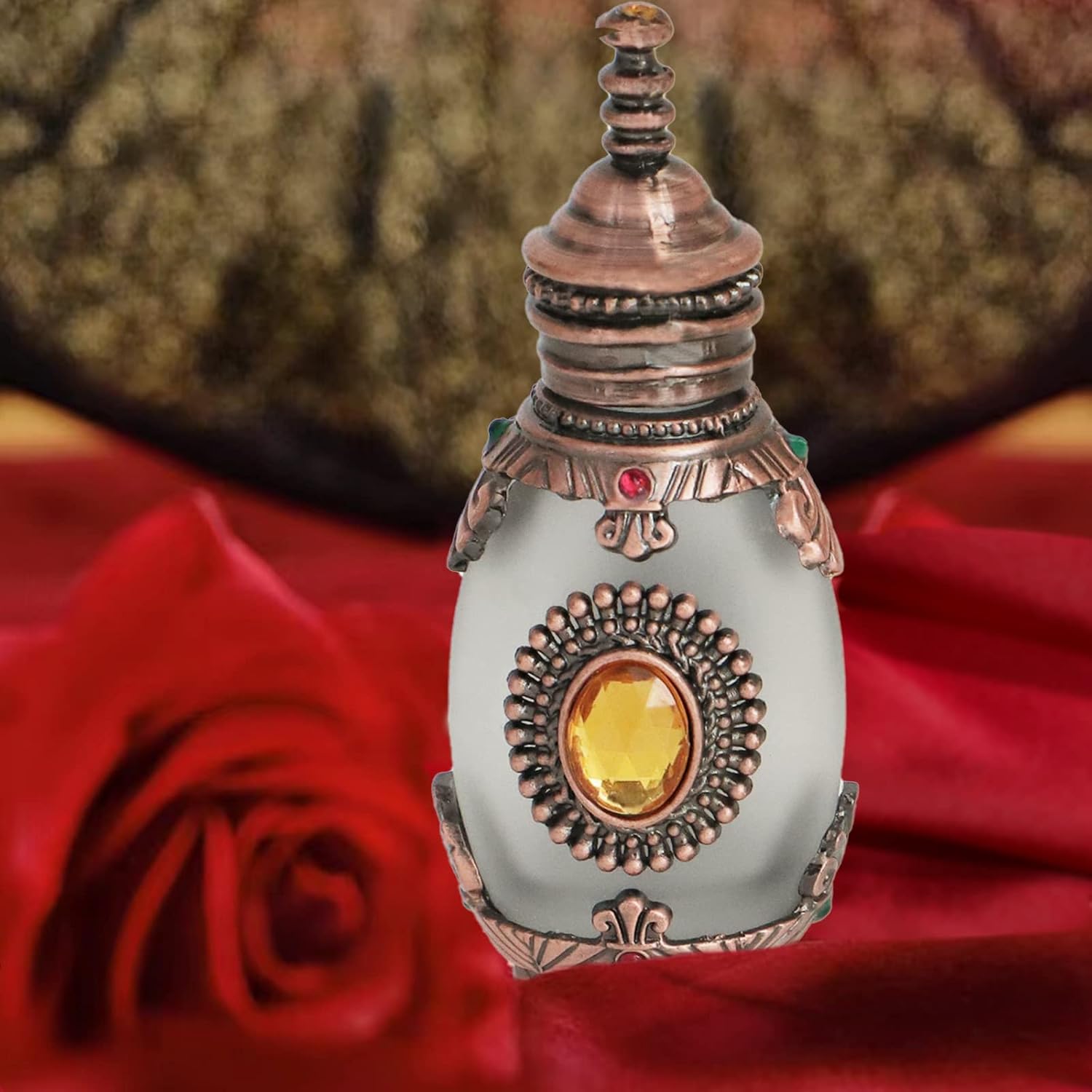 LRTJ Egyptian Style Enameled Metal and Glass Perfume Bottle