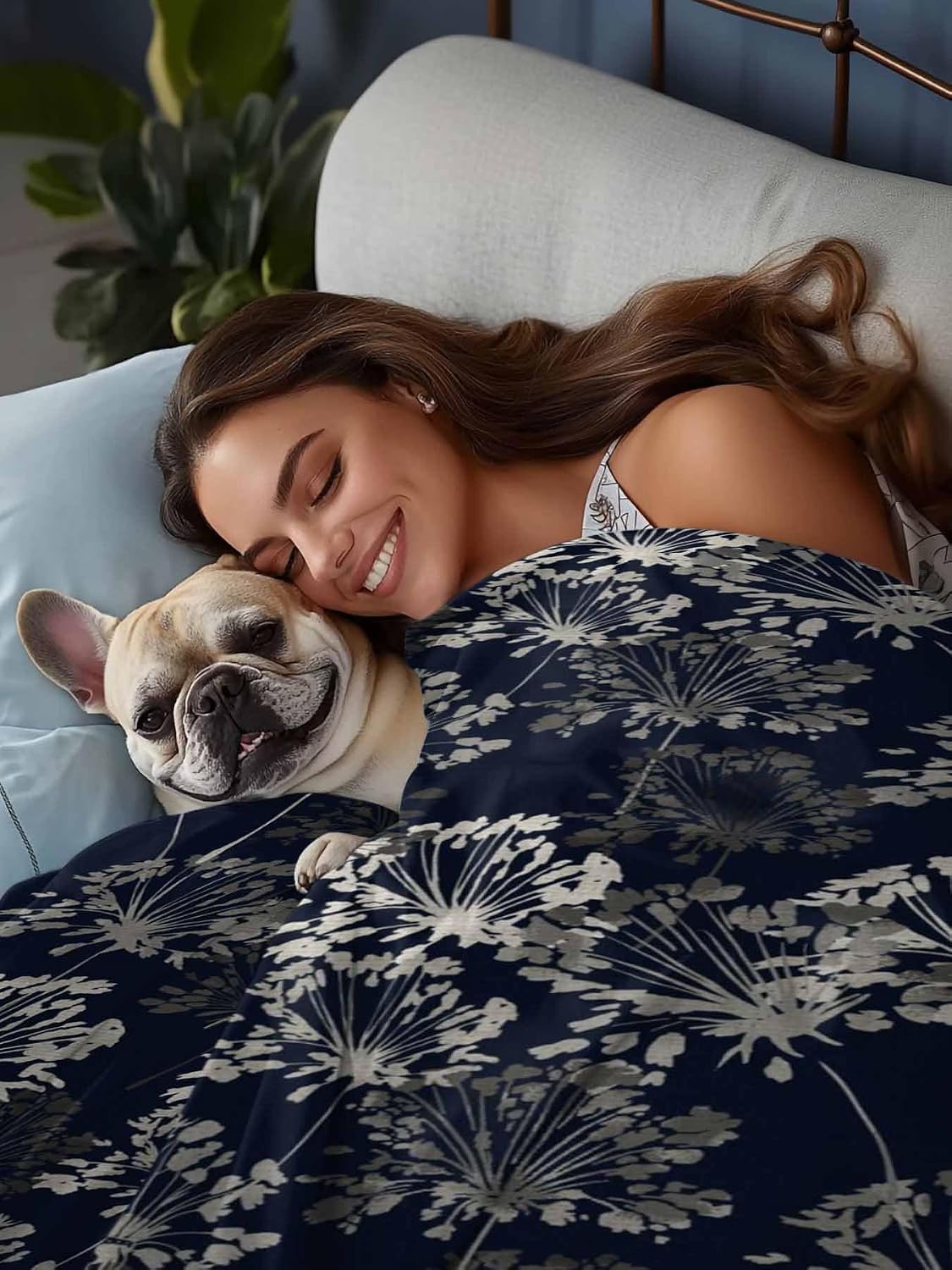 Vintage Flowers King Size Flat Sheet Only, Hotel Luxury Microfiber Bed Top Sheets, Dark Blue Dandelion Plants Pastoral Botanical Soft Breathable Bedding Sheet for Bedroom, Easy Care - 105" x 98"