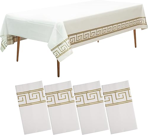 Amatra Paquete de 4 manteles de plástico desechables de alta calidad de 108 x 54 pulgadas blanco y dorado para mesas rectangulares de 8 pies de