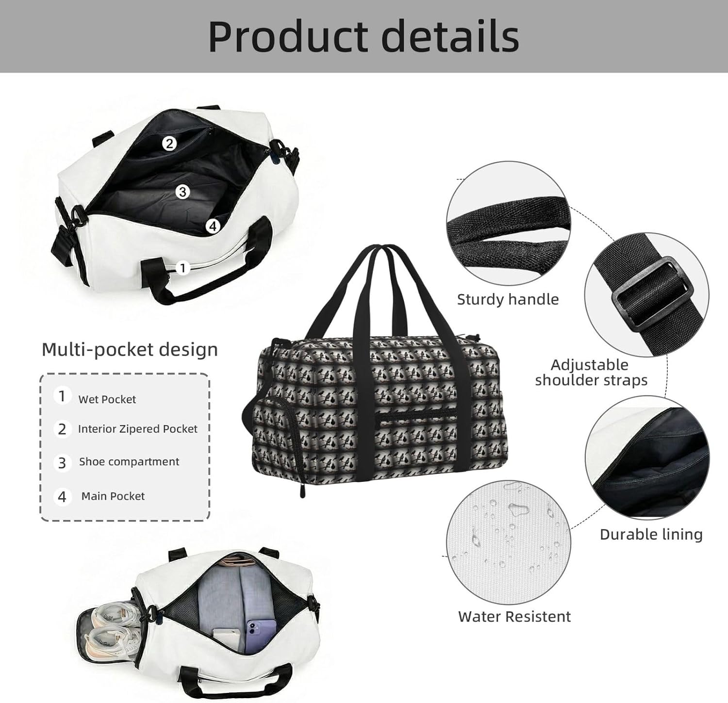 Black Crow Birds On A Branch Print Handheld Sports Luggage Unisex Crossbody Bag Travel Weekend Fitness Workout image 5