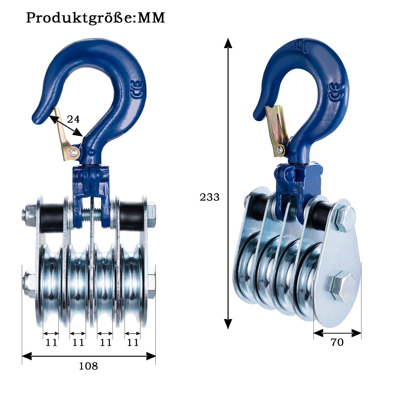 1 Ton Vierrädrige Umlenkrolle mit Kugellager und Haken, Umlenkrollen für 10mm Seile Stahlseil, für Forst Zubehör Seilzug Seilwinde 1 Stück
