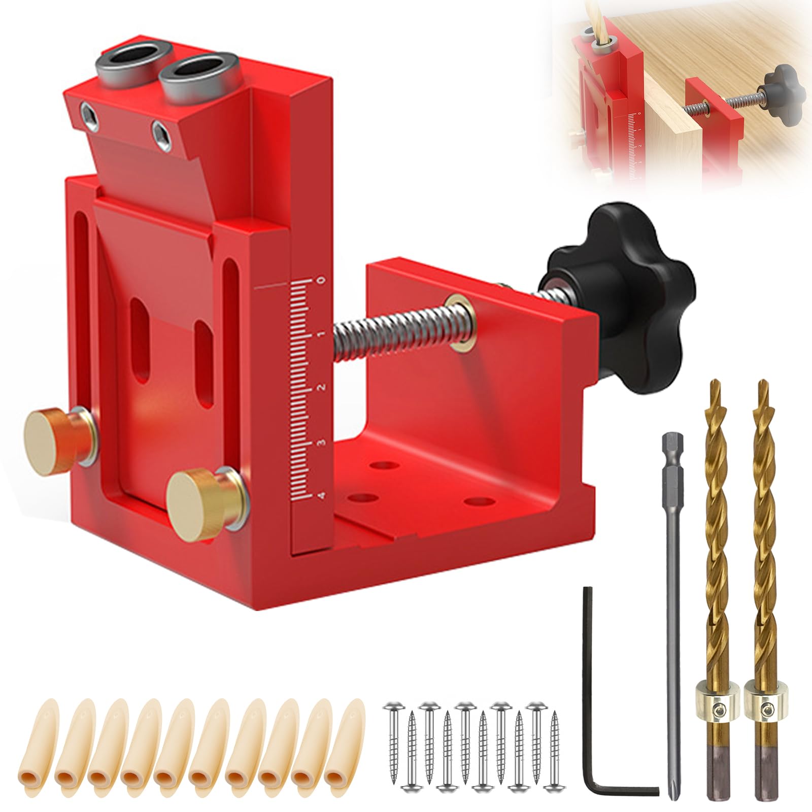 Ajustable Guia taladro, Rojo Retirable Pocket Hole Jig, Plantilla Perforación Agujeros Bolsillo con 2 Brocas de 9 mm, para Carpintería y Fabricación de Muebles