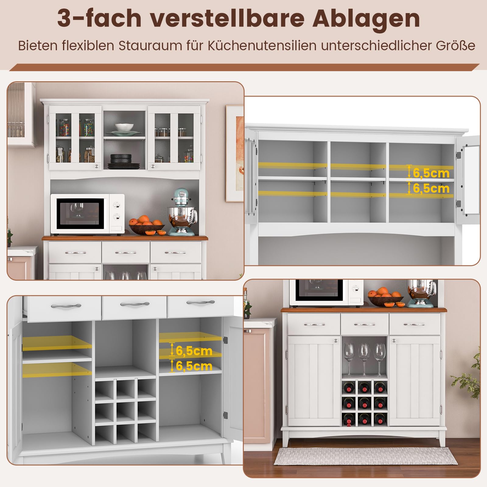 COSTWAY Küchenschrank, Küchenbuffet mit 3 Schubladen, Schränke, Weinregal, offenen Regalen und Arbeitsplatte, Buffetschrank Hochschrank mit verstellbaren Regalen, 112 x 43 x 184,5 cm, Weiß