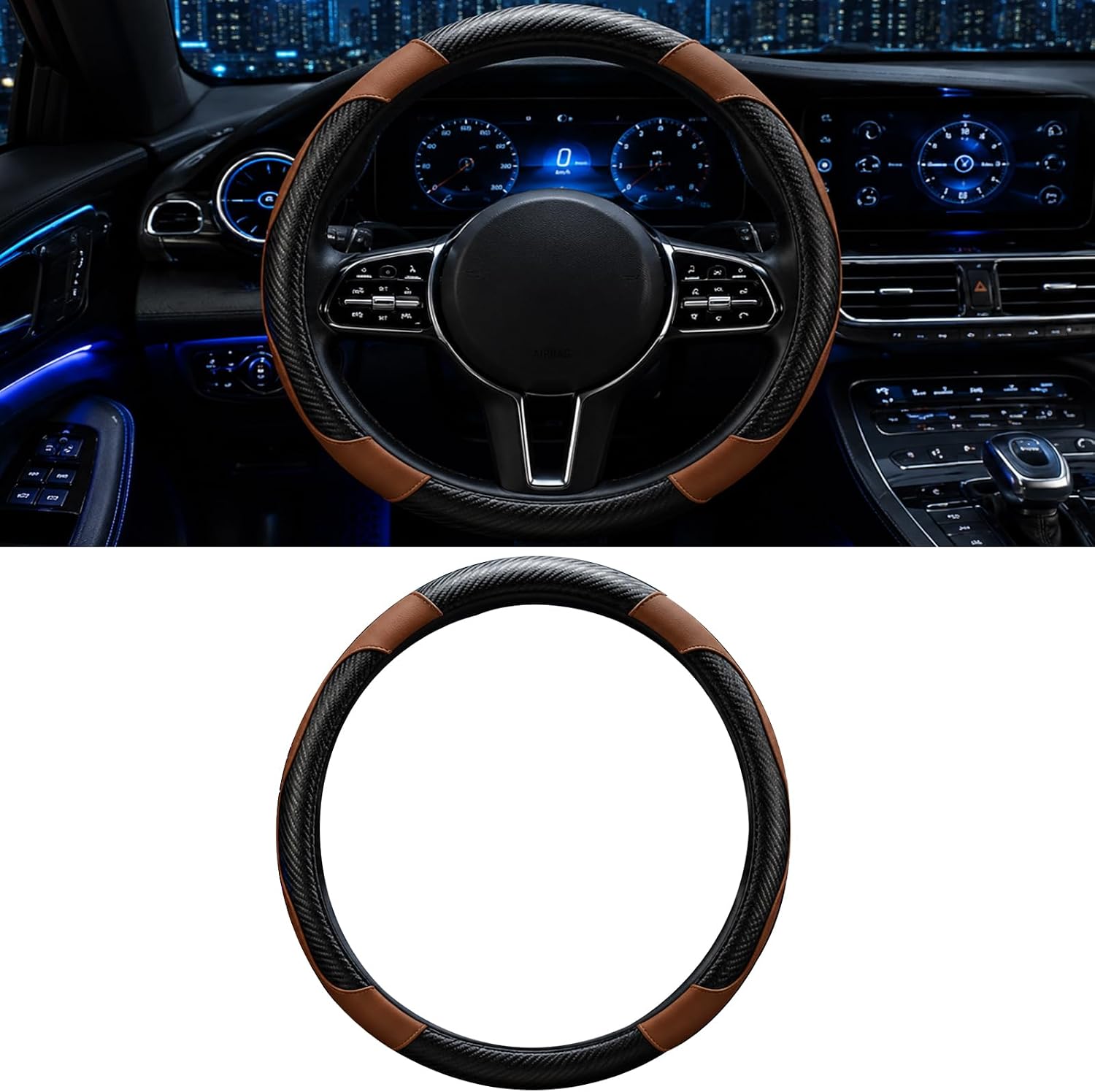 Car Steering Wheel Cover, 15 inch Carbon Fiber Microfiber Anti-Slip Breathable PU Leather Elastic Steering Wheel Protector, Car Interior Accessories for Most Cars (Purple)