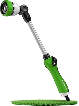 rainfactory 40cm Garden Hose Spray Gun - Watering Wand with 7 Spray Patterns - 180-degree Rotating Hose Lance with Thumb Control, Anti-Slip Handle - Long Reach Sprayer for Plants & Garden - Green