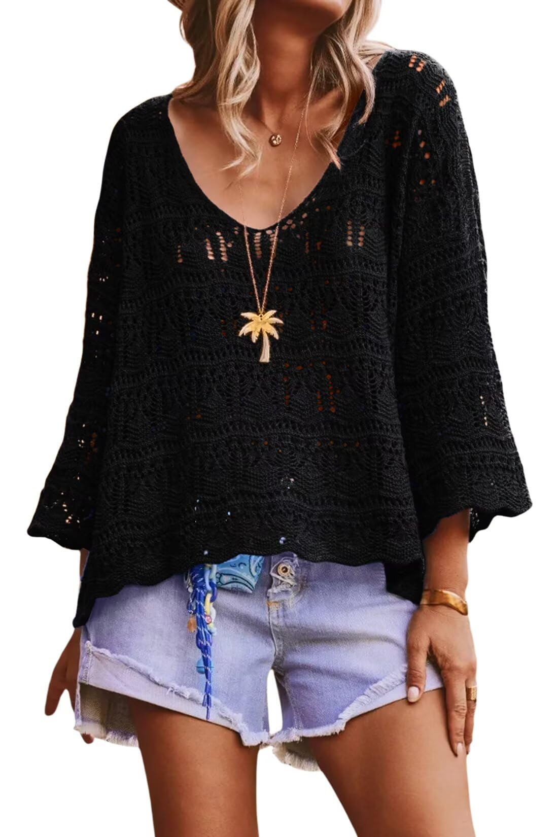 allimy Womens Spring 3/4 Sleeves Crochet Oversized Sweater for Women 2026 Beach Resort Wear Tops-picture-15