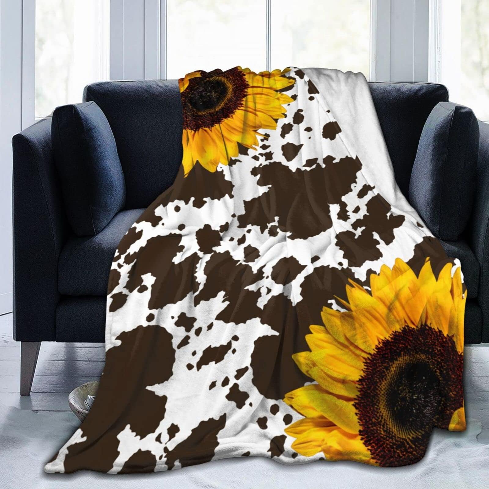 Cow and Sunflower Throw Blanket - Sunflower Gifts for Women - Birthday Gifts for Women - Cow Print Stuff Sunflower Blanket Home Decor, 60"x50"