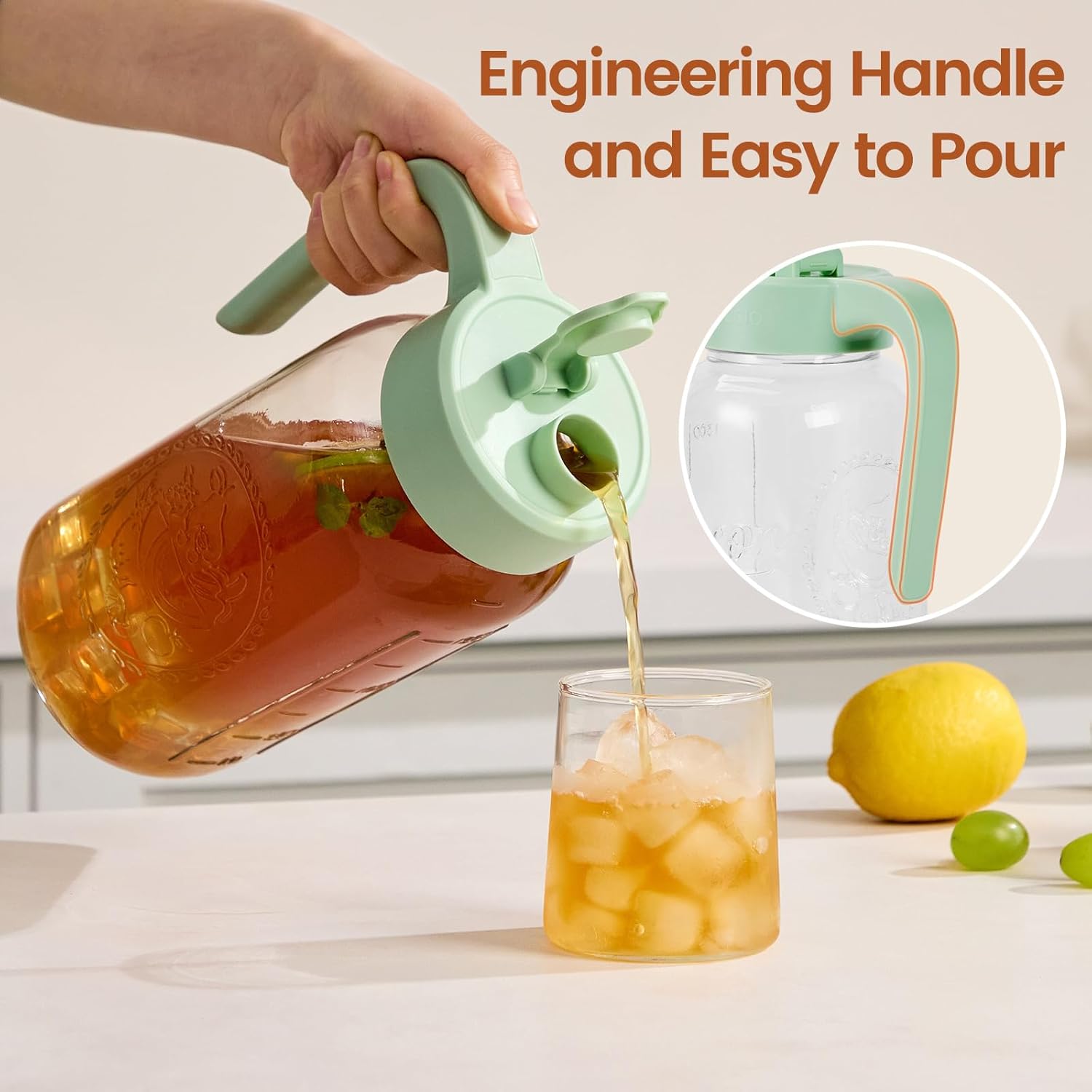 Mason Jar Pitcher with Tea Filter, Airtight & Leakproof Glass Pitcher with Lid, 64 oz Sun Tea Glass Jar for Outside, Perfect for Sun Tea, Lemonade, and iced Tea - Image 2
