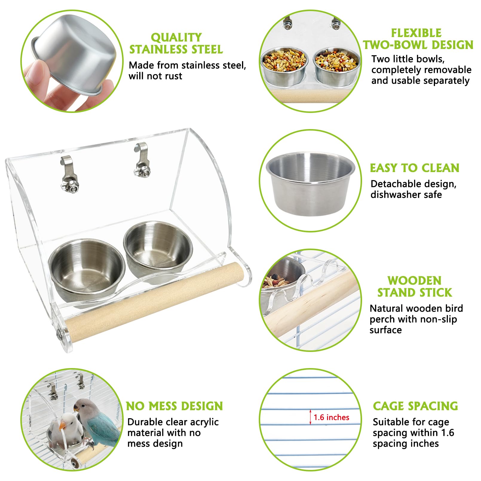 BNOSDM Bird Feeder for Cage with Double Stainless Steel Food & Water Bowls Anti-Slip Wood Perch Stand with No Mess Acrylic Seed Catcher for Parrot, Budgie, Parakeet, Lovebird, Canary, Finch (Hook) - image 3