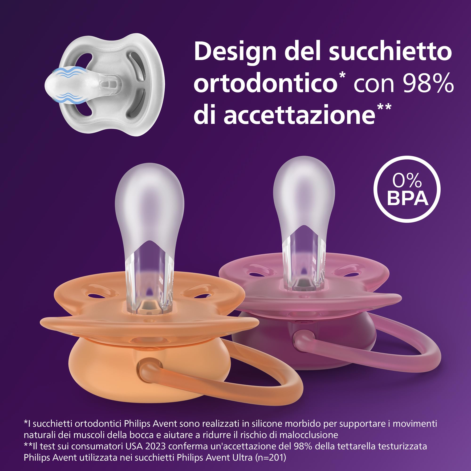 Philips Avent Ultra Soft Ciuccio ortodontico 18 mesi+ scudo flessibile tettarella simmetrica silicone senza BPA confezione da 2 SCF093/03