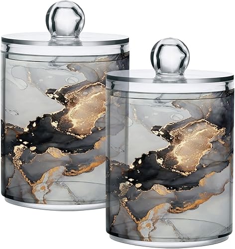 Miniatura 1 de Juego de 2 tarros de plástico transparente con textura de mármol negro y dorado para boticario, organizador de maquillaje para baño, baño, hisopo de