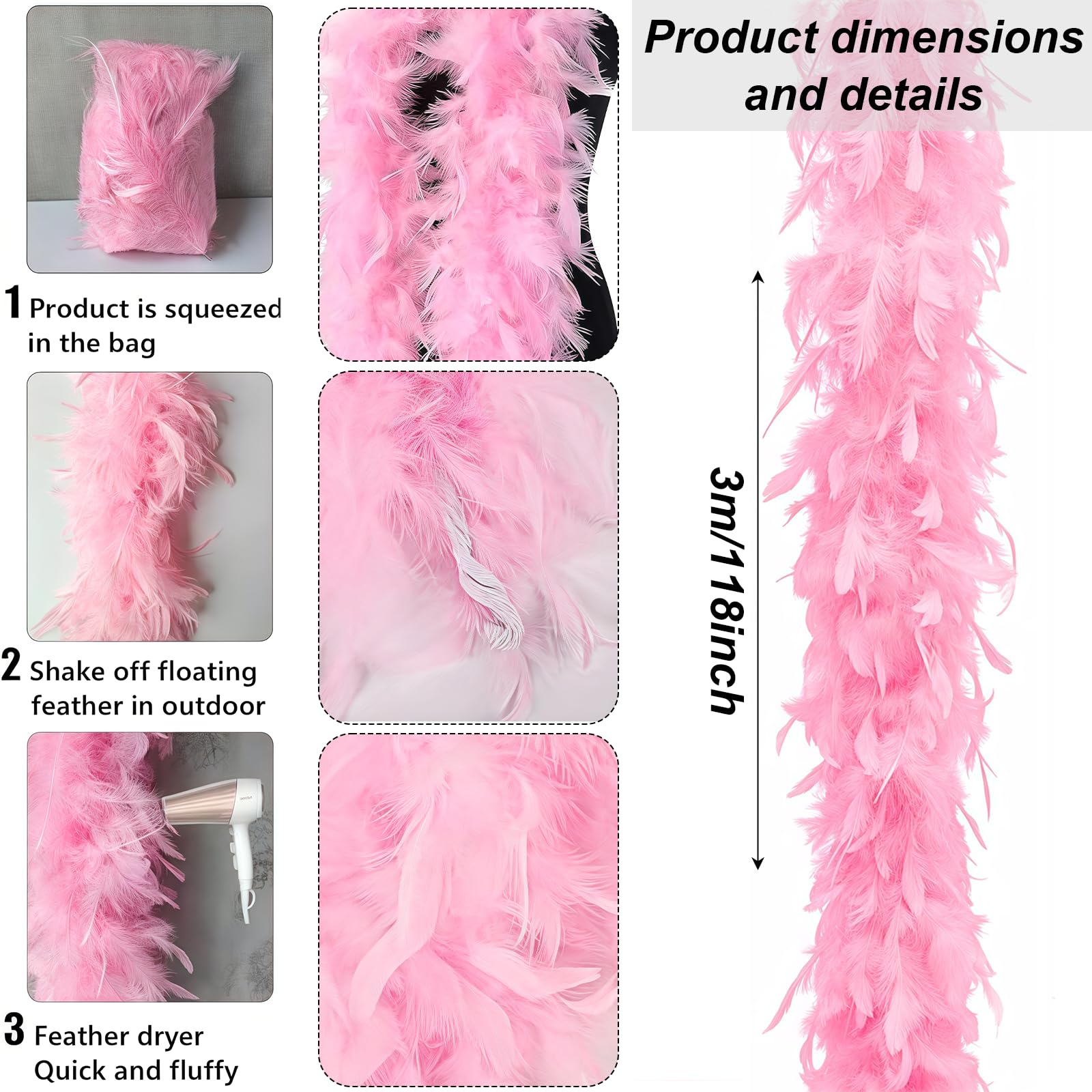 Moorlan Pink Feather Boa 2m with Heart Rimless Sunglasses, Soft Turkey Feather Scarf for Women Perfect for Dancing Wedding - Image 2