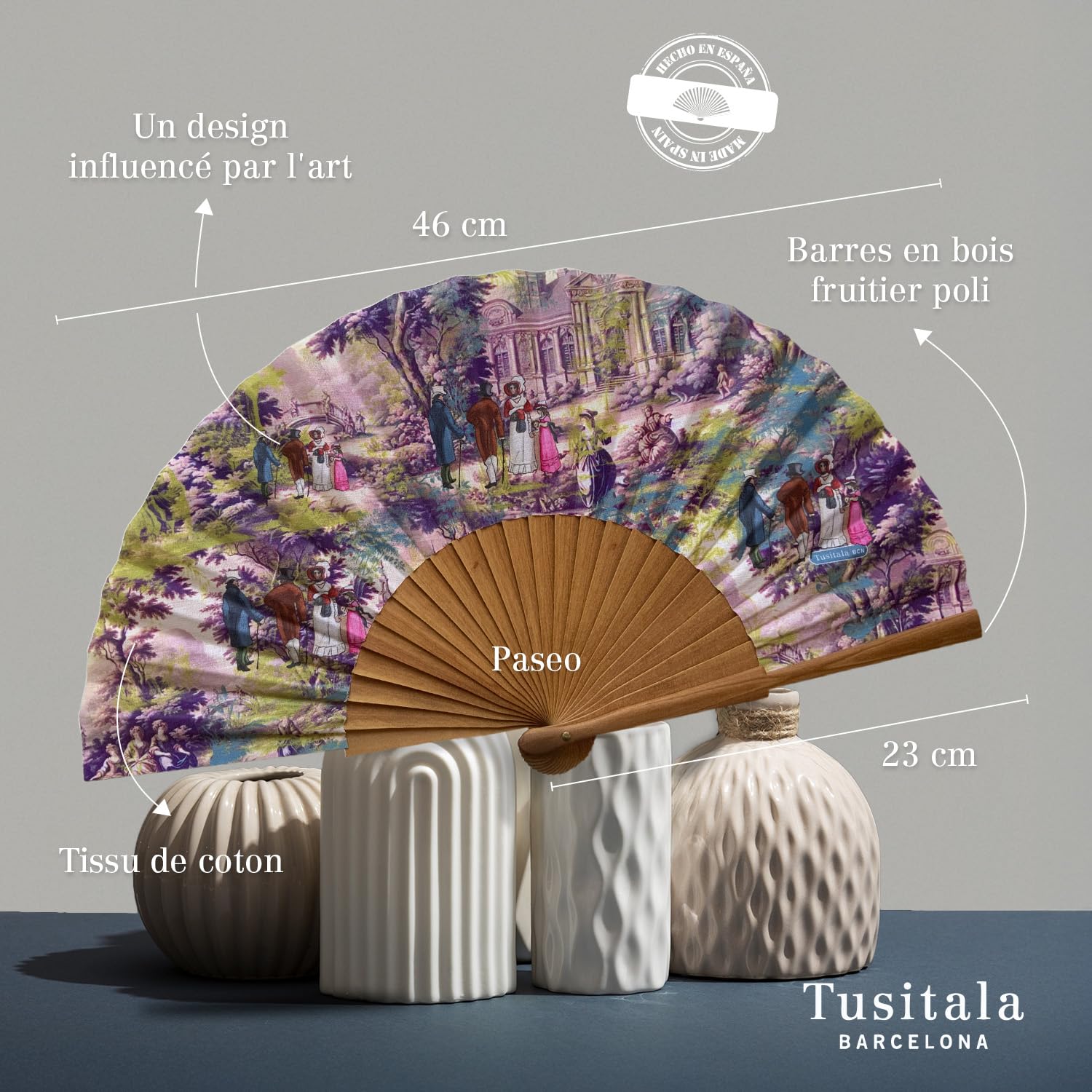 Éventail Espagnol - Bois et Coton - 23 cm - Housse et étui en jute - Accessoire de mode - Fait main en Espagne - Collection Alzar la Mirada
