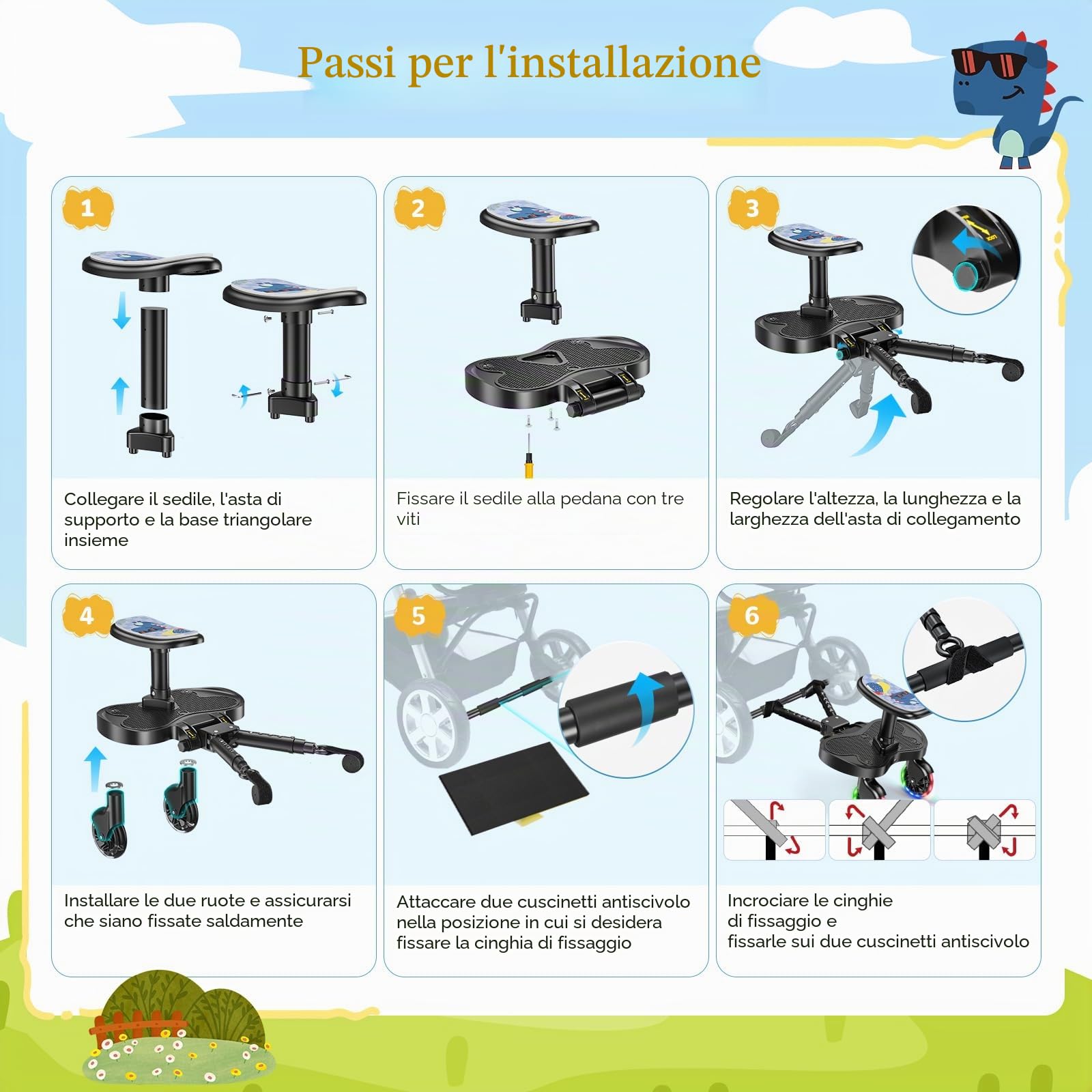 Passeggino con ruote a LED, pedana per passeggino, per bambini da 2 a 6 anni (25 kg), compatibile con il 99% di tutti i passeggini