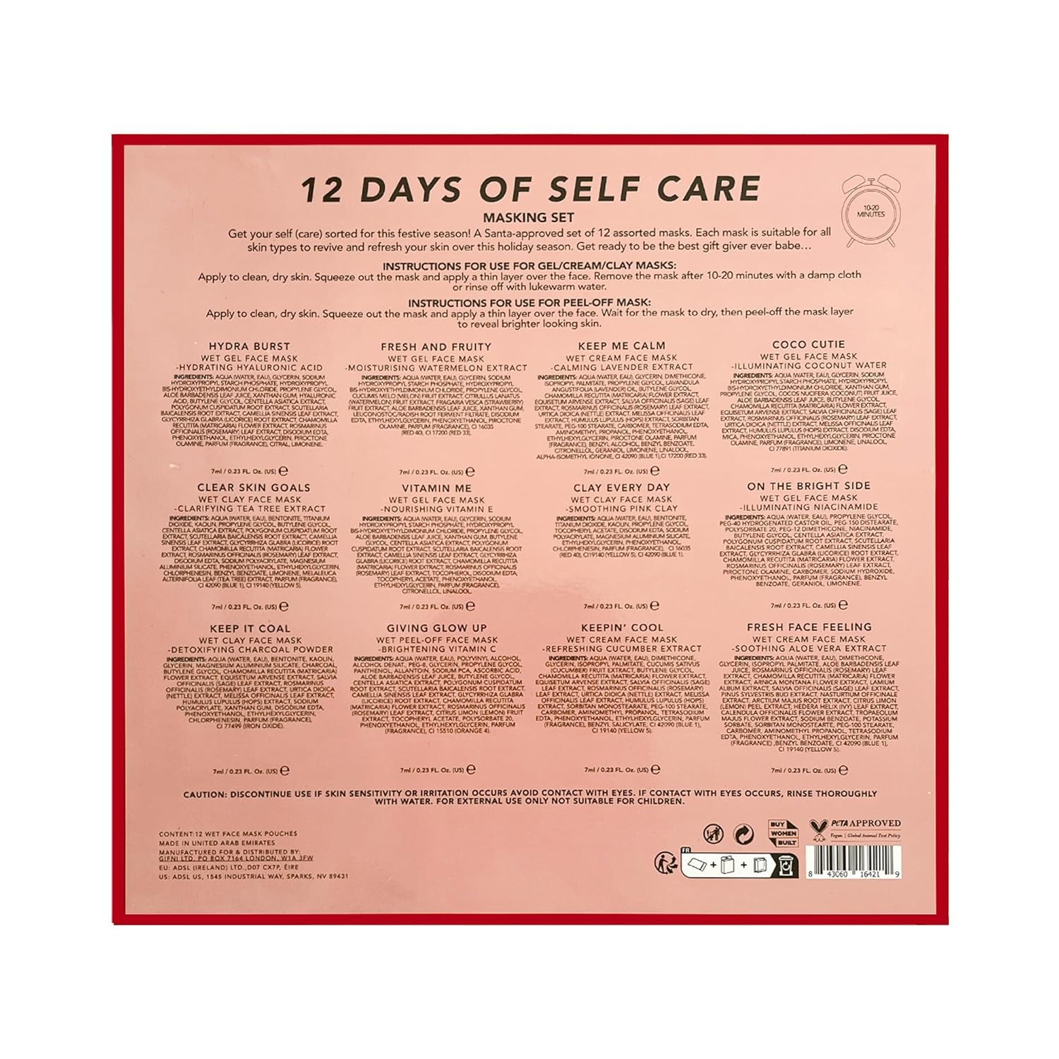 Holler And Glow 12 Days of Self Care Facial Mask Set, Valentine's, Hydrating Hyaluronic Acid, Moisturizing, Calming, Illuminating, Smoothing, Detoxifying, Brightening Vitamin C, 12 Piece Gift Set
