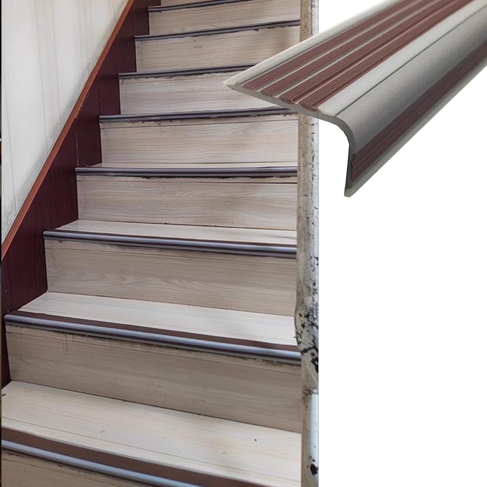 Nez de marche antidérapant marron en PVC | Profilé souple autocollant de 3m pour escalier