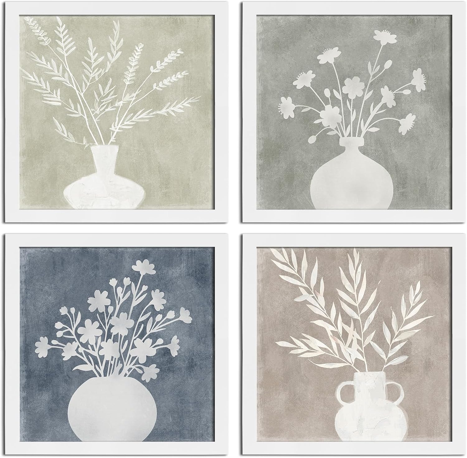 Pinetree Art Framed Boho Botanical Wall Art Set of 4, Plant Floral Wood Prints, Rustic Farmhouse Vintage Decor for Kitchen Living Room