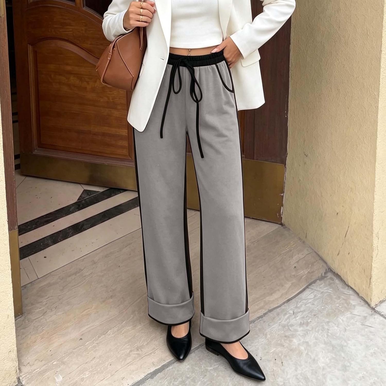 Women Color Block Wide Leg Sweatpants Elastic Waist Lounge Pants