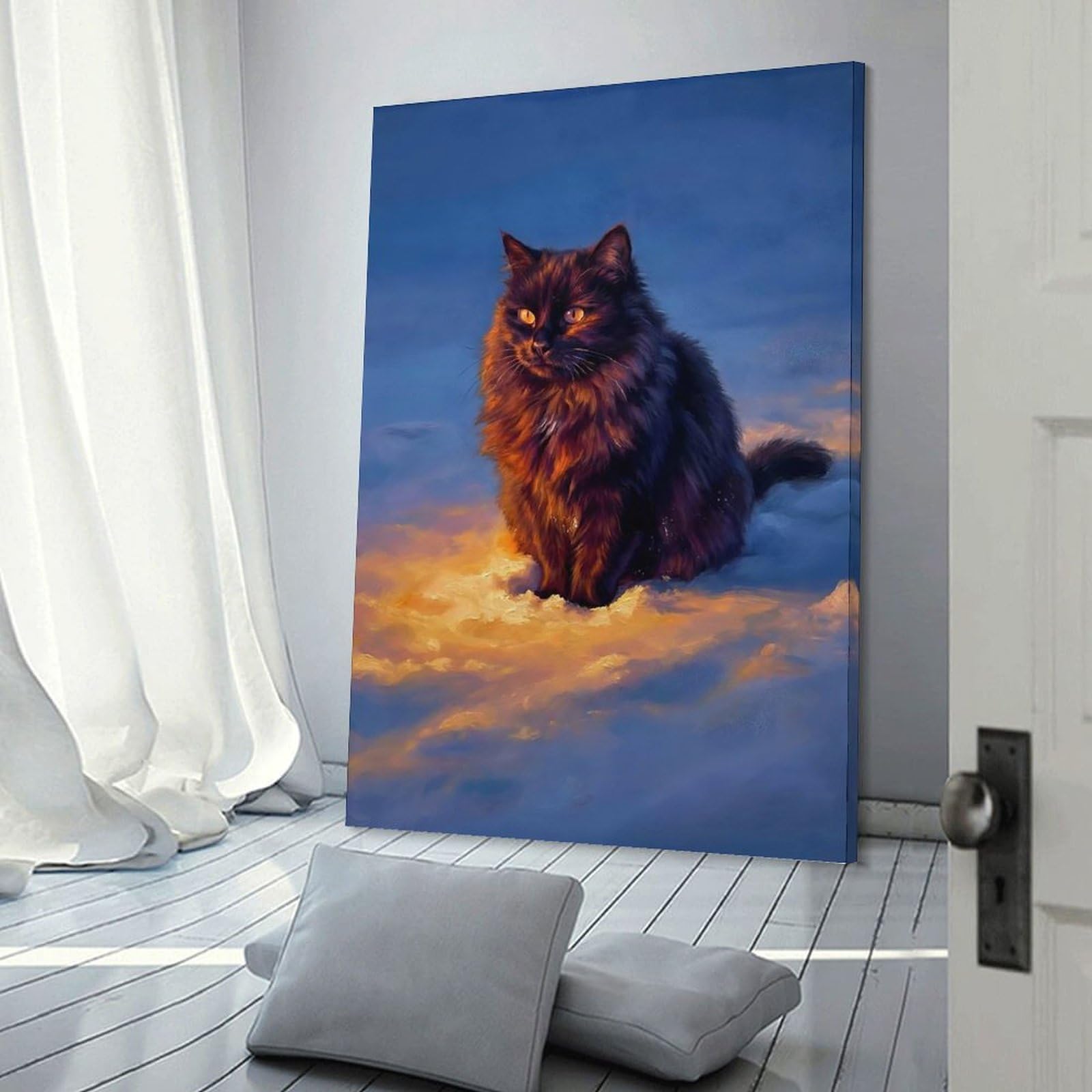 Junmoney Hanging Wall Art Black Cat in Dramatic Lighting, 20x30inch(50x75cm), for Work Areas, Reading Rooms Or Studios, Wall Art That Adds Style to Work Areas