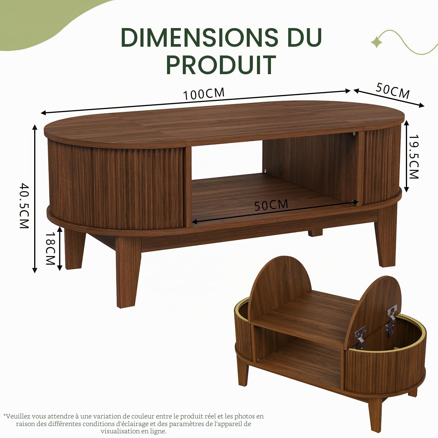 MEXUS Table Basse, Ovale Bois Table Basses, 2 Compartiment Rangement Caché Table Basses, Coffee Table Noyer, Applicable à Ranger Divers Objets, Servir D'espace Bureau Temporaire Décorer Salon