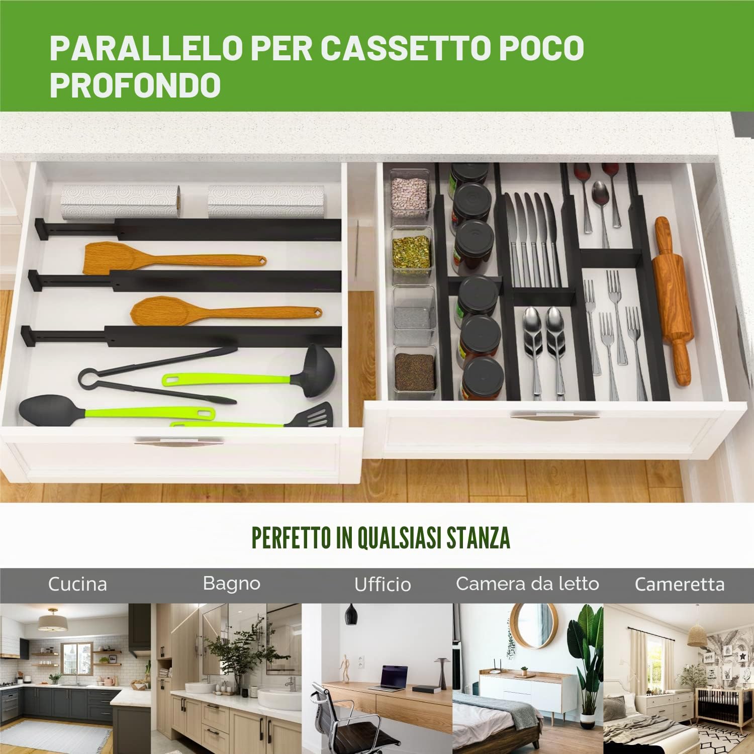 ANTOWIN Separatore per cassetti regolabile in bambù (43-56 cm), organizer per cassetti, a molla, cucina, comò, bagno, camera da letto, cassetto, scrivania (nero)