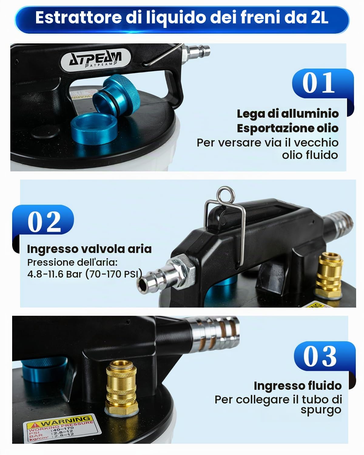 ATPEAM Spurgo Freni Pneumatico 2L, Kit Professionale per Spurgo Freni Auto e Moto, Dispositivo ad Aria Compressa con Bottiglia di Riempimento 1L e Adattatori Universali