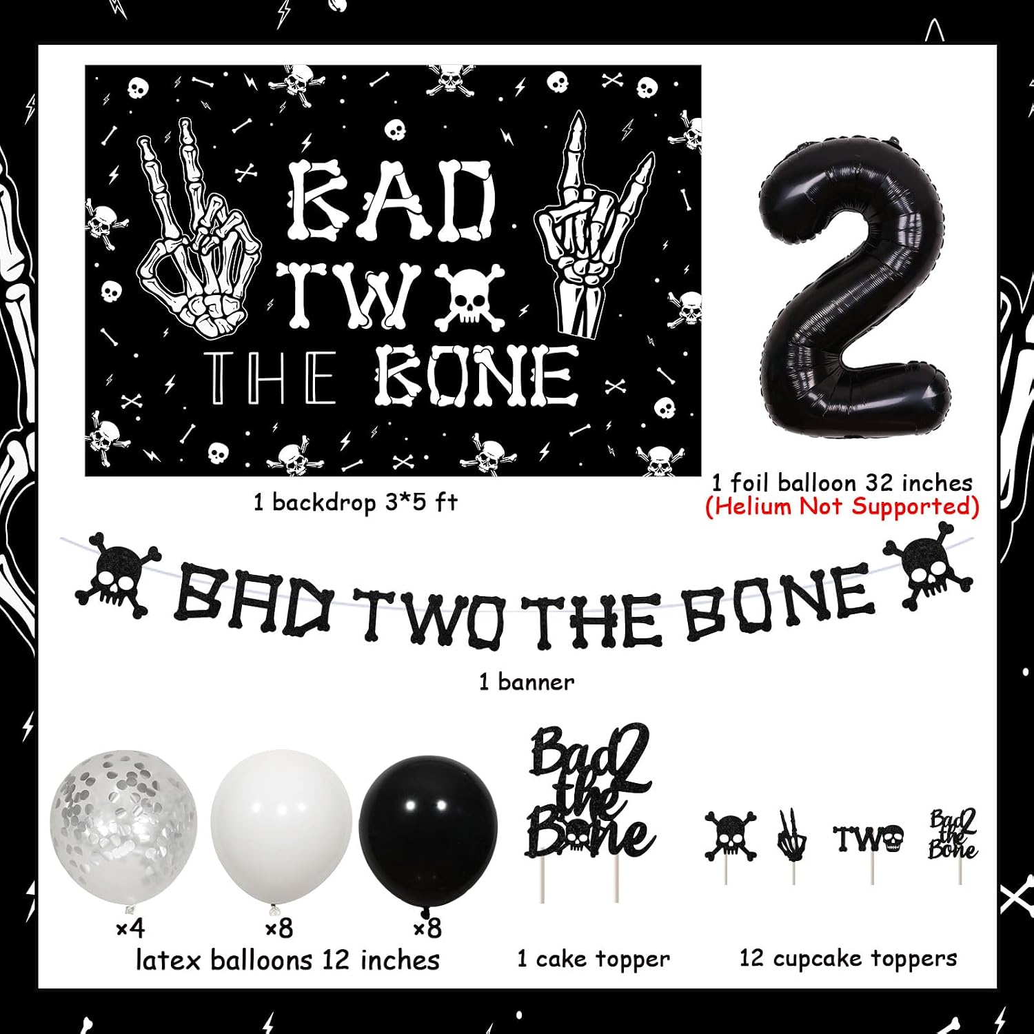 Bad Two The Bone Birthday Decorations Boy Bad 2 The Bone Backdrop Halloween Themed 2nd Birthday Decorations with Bad Two The Bone Banner Skeleton Cake Decor Balloon for Music Rock N Party