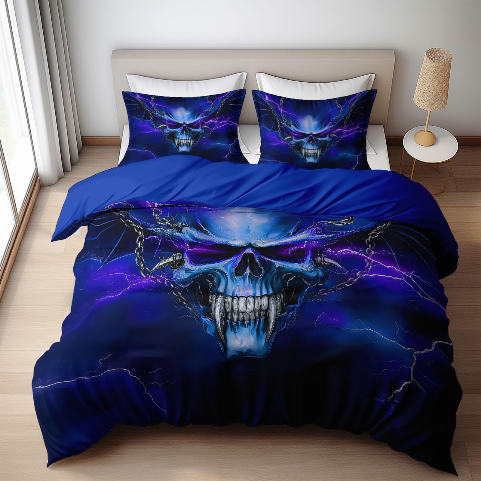 Générique Fantazyjna poszwa na kołdrę 220x240 cm Zestaw pościeli z nadrukiem, zestaw pościeli w paski z czaszką nastolatka dziewczyna dzieci - Royal Blue hipoalergiczna poszwa na kołdrę z poszewkami