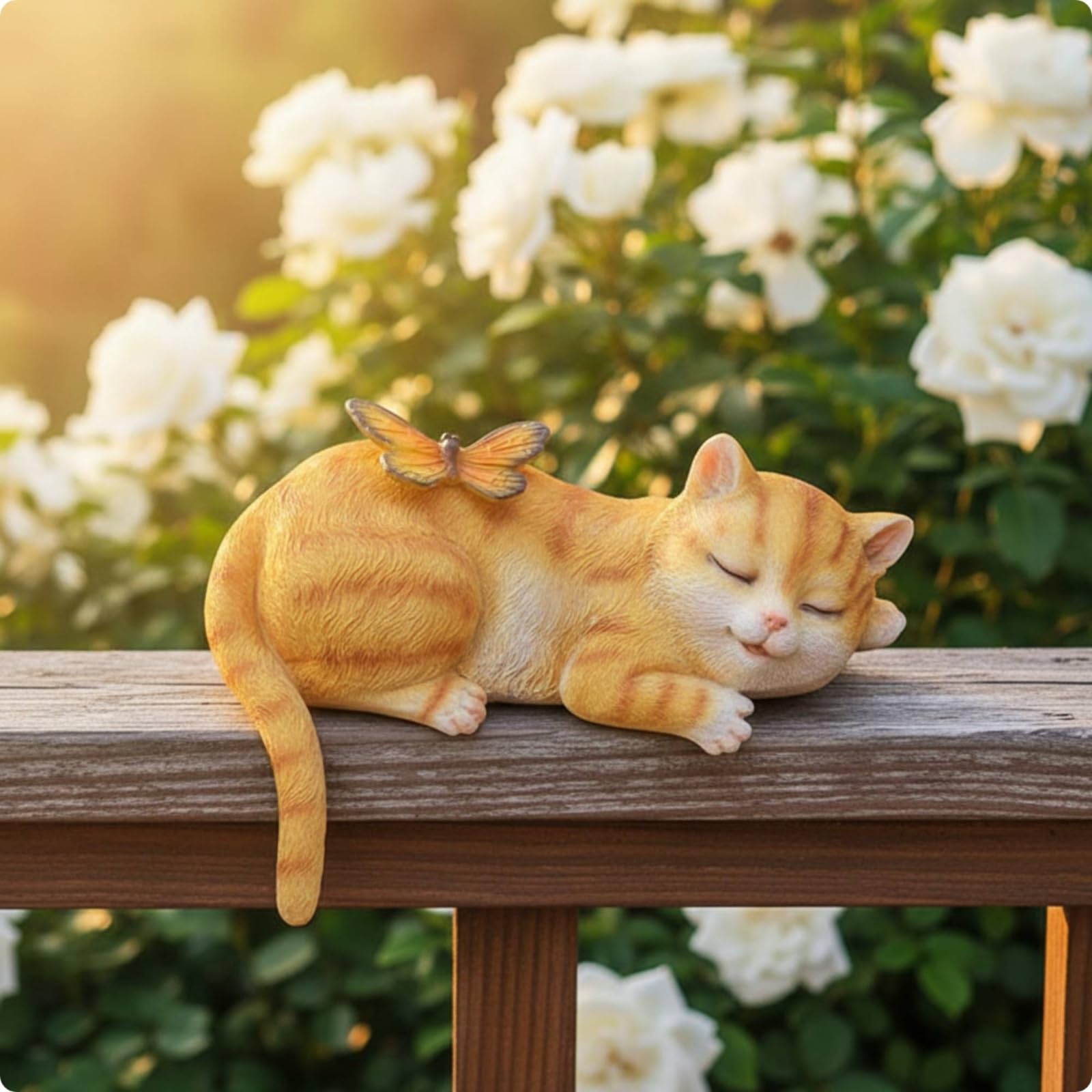 Niedlich Katzenstatue mit Schmetterling , Leuchtende Orangefarbene Katze