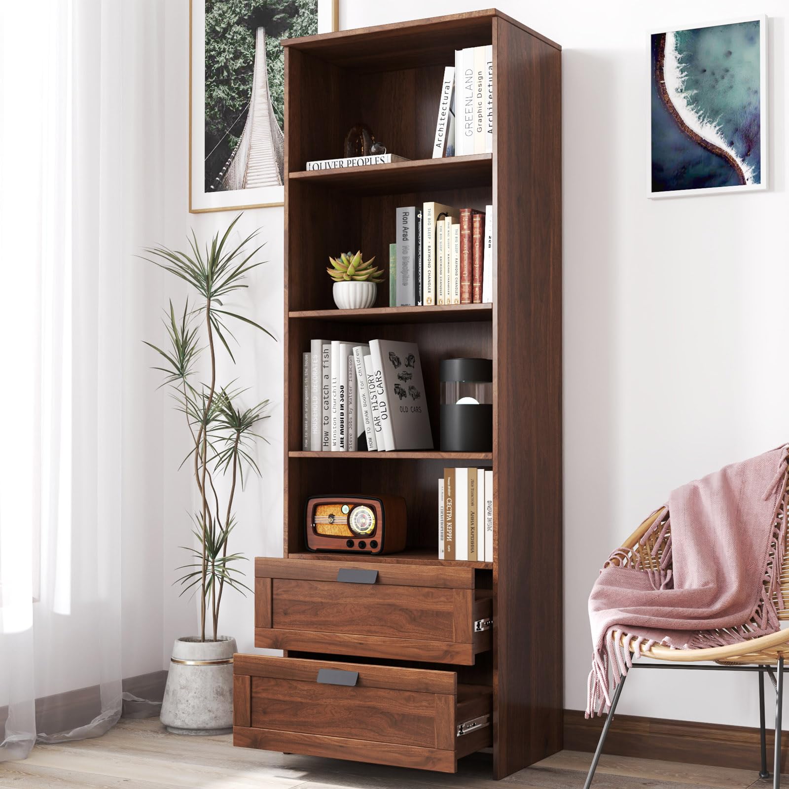 Anwick Tall Bookshelf with 2 Drawers, Mid Century Wooden Bookcase with Adjustable Storage Shelves, Floor Standing Bookcase, 4-Tier Open Book Shelf for