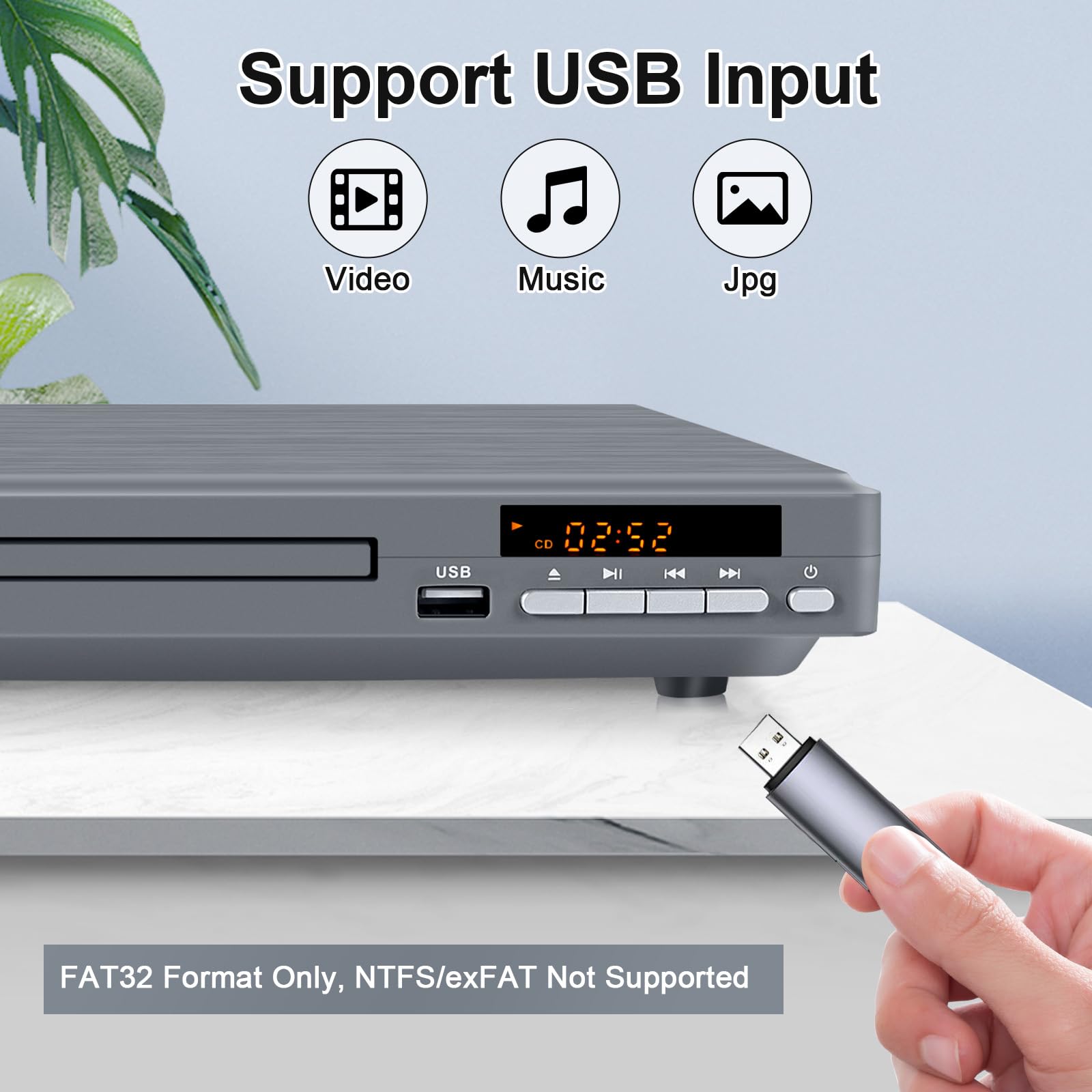 Reproductor DVD Multizona para TV | Reproductor DVD Compacto para Hogar con Salida Coaxial, HDMI y RCA | Lector DVDs/CD con Entrada USB para Todas Las Regiones y Multiformato (Gris, No BLU-Ray)