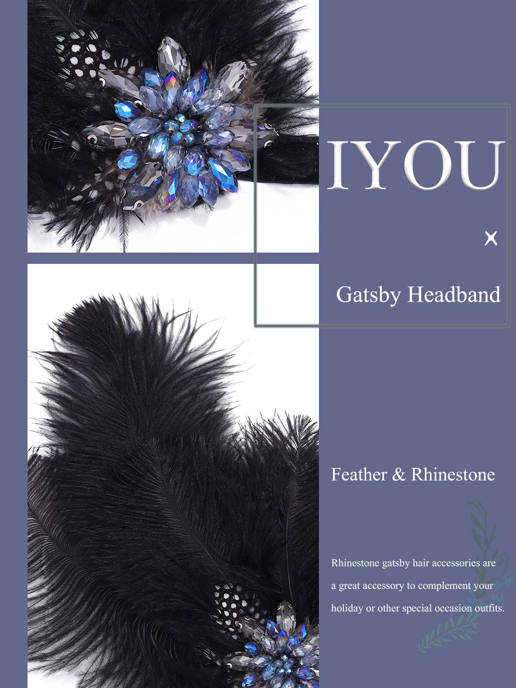 IYOU the Great Gatsby Headpiece Black Crystal Feather Flapper Heabands Wave Point Prom Party 20s Hair Accessories for Women - Image 2