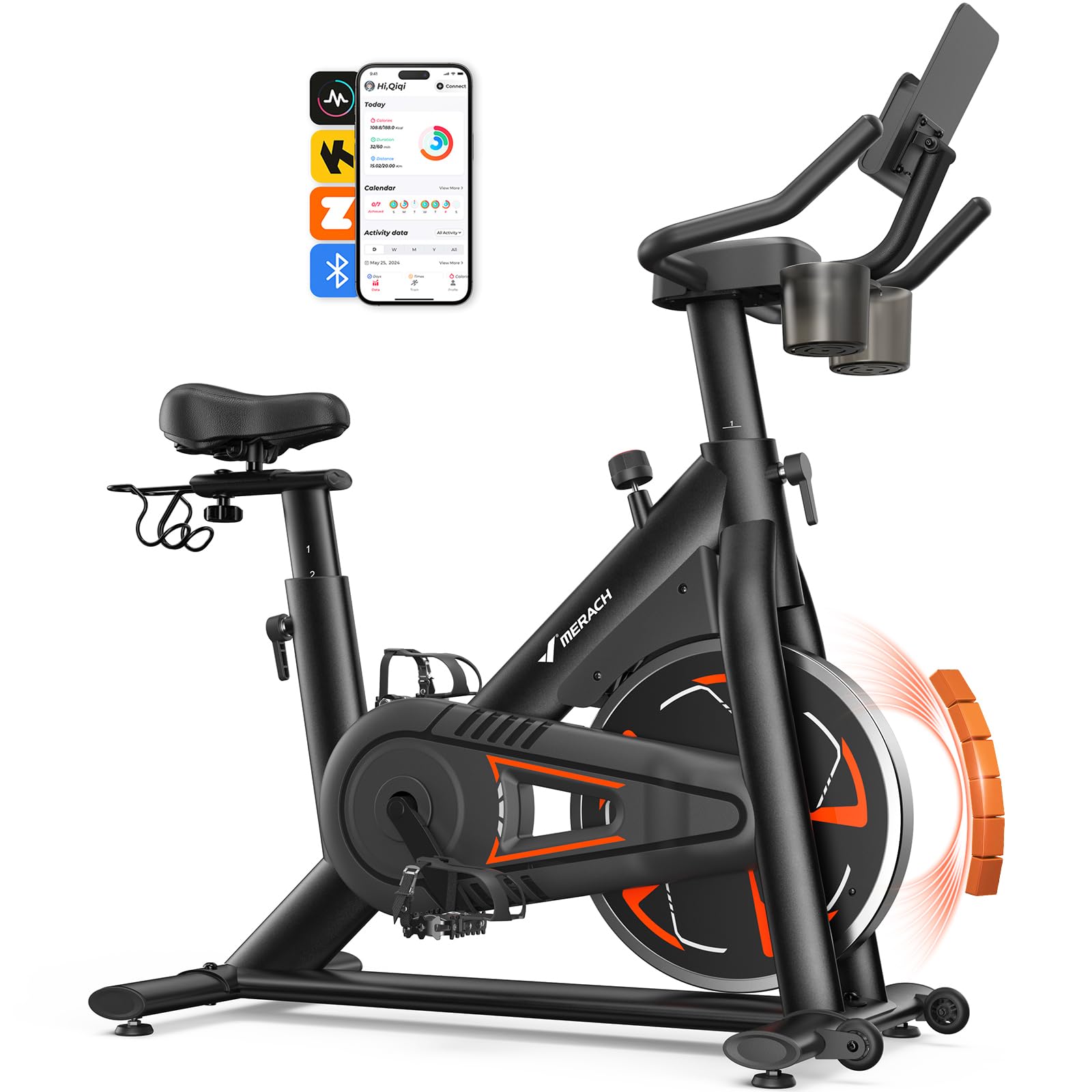 Merach Magnetic Exercise Bike, Low Noise Stationary Bike for Home with Comfortable Seat Cushion, Spinning Bike with 330 lb Weight Capacity, Exclusive App, Tablet Mount and Fitness Courses