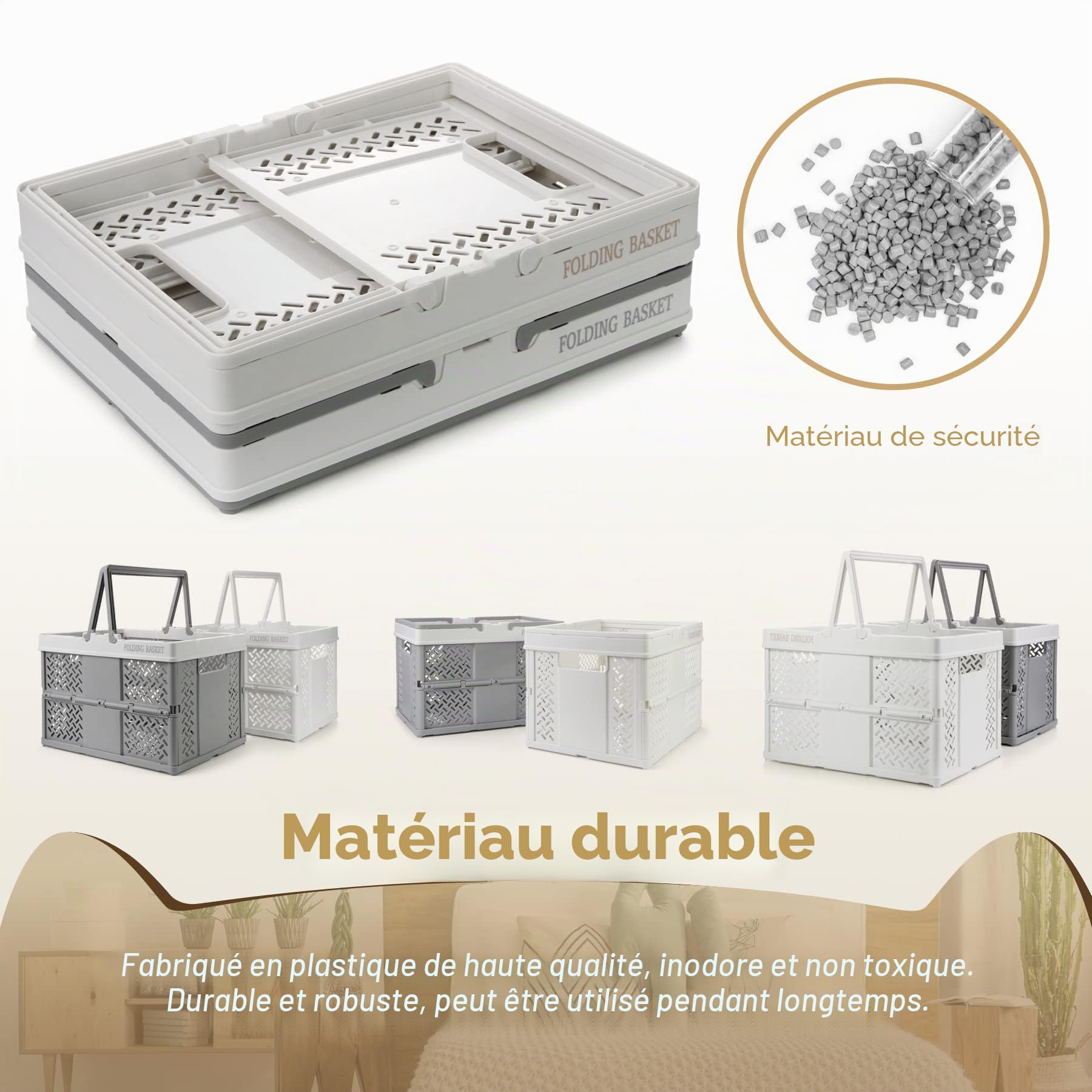 Spesh Lot de 2 Caisse en Plastique Pliable avec Poignée Cagette Rangement Pliant Caisse Pliante Panier Rangement Pliable pour Cuisine, Chambre, Salon(Blanc + Gris Blanc)