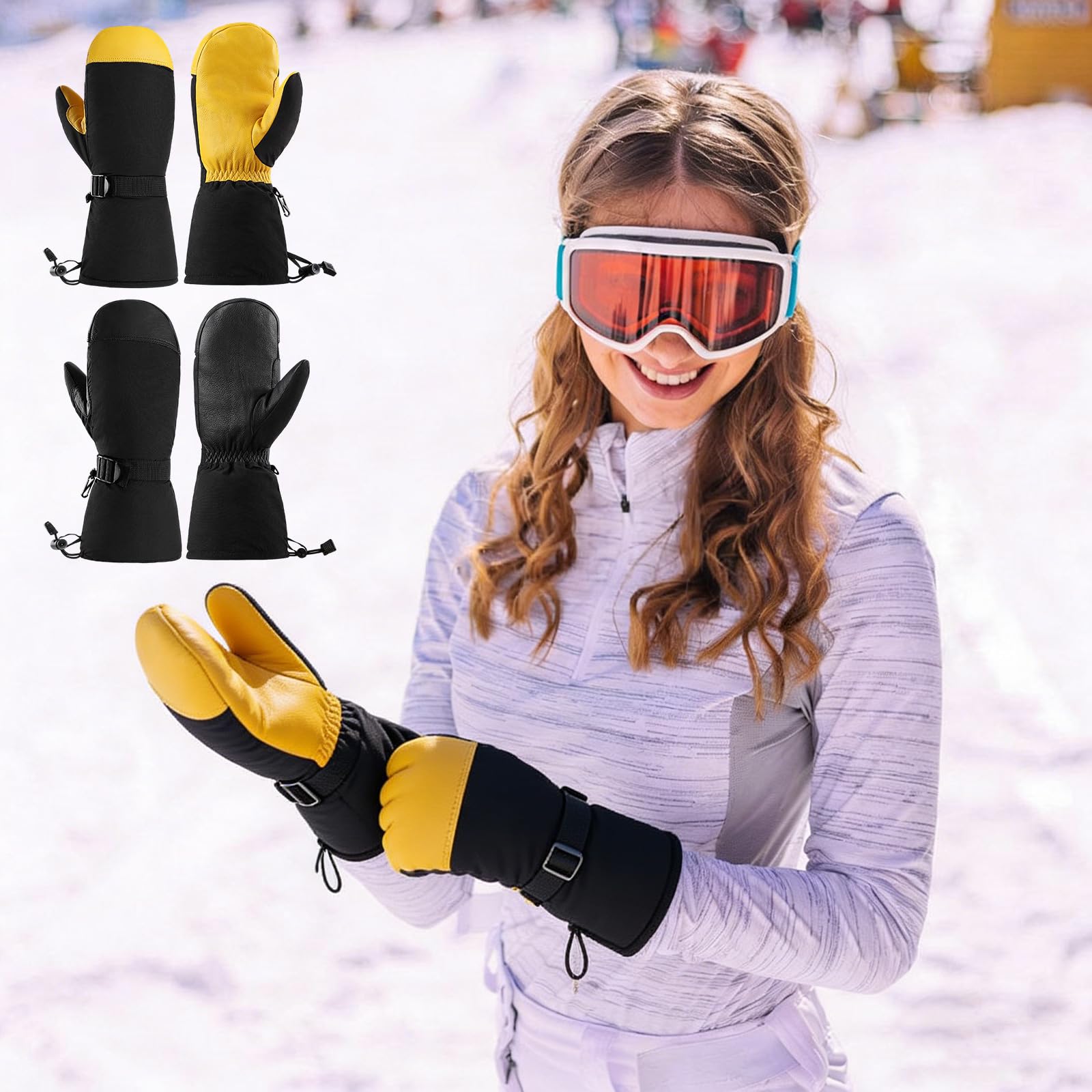 Guantes de esquí para clima frío, forro grueso, impermeables, resistentes al viento, snowboard, unisex, correa de muñeca ajustable, resistente al viento, térmicos para clima frío