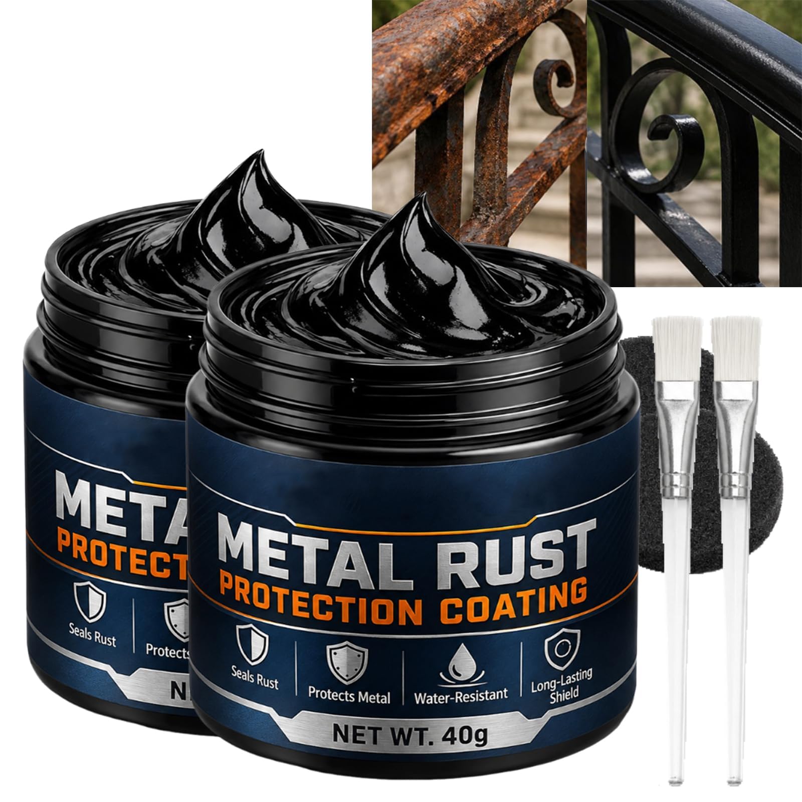 Buobiy Metal Rust Protection Black Repair Paste,Rust Converter Paint for Metal,Weatherproof, Quick-Drying Formula, Long-Lasting Rust, for Household Metal Surfaces, Fences, Tools & Railings (2Pcs)